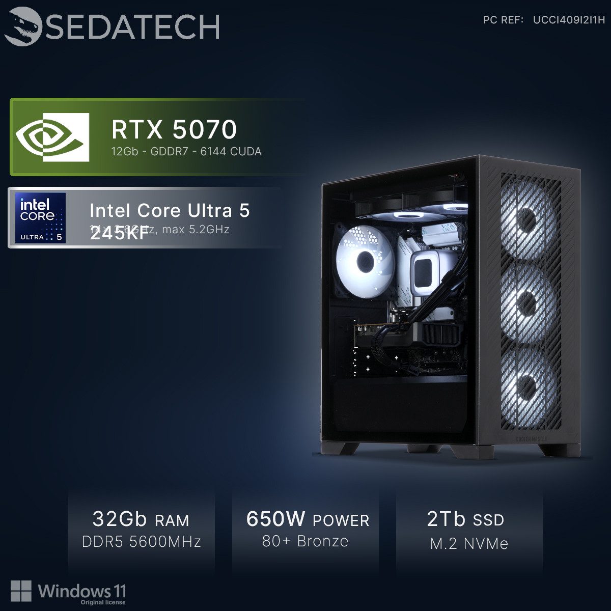 Sedatech UCCI409I2I1HF - Watercooling Gaming-PC (Intel Intel Core Ultra 5 Intel Core Ultra 5 245KF 14x 3.6GHz (max 5.2GHz), Geforce RTX5070 12GB, 32 GB RAM, 2000 GB SSD, Watercooling, Wlan 6E)