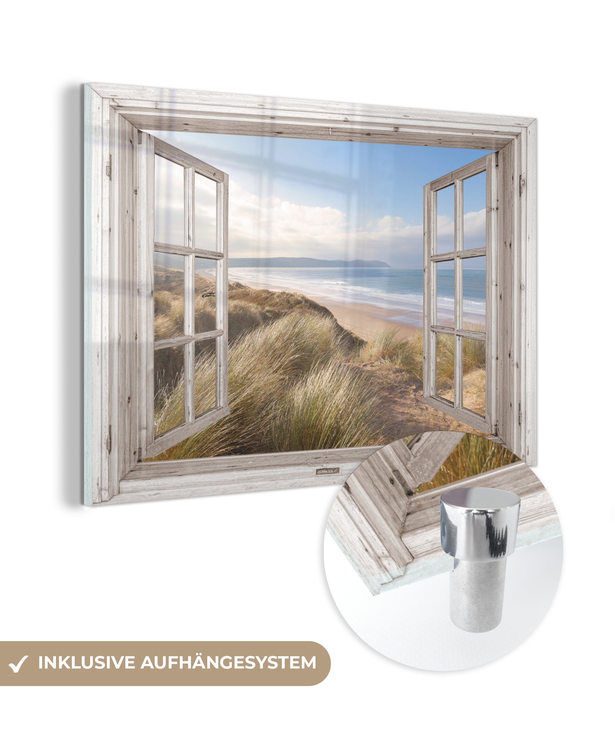 MuchoWow Acrylglasbild Durchblick - Strand - Meer - Dünen - Strandgras - Sand - Blau, (1 St), Glasbilder - Bilder auf Glas Wandbild - Foto auf Glas - Wanddekoration