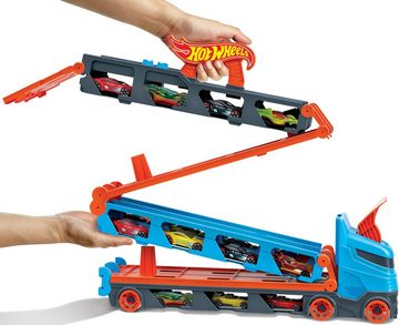 Hot Wheels Spielzeug-Transporter 2-in-1 Rennbahn-Transporter, mit drei Hot Wheels Fahrzeugen