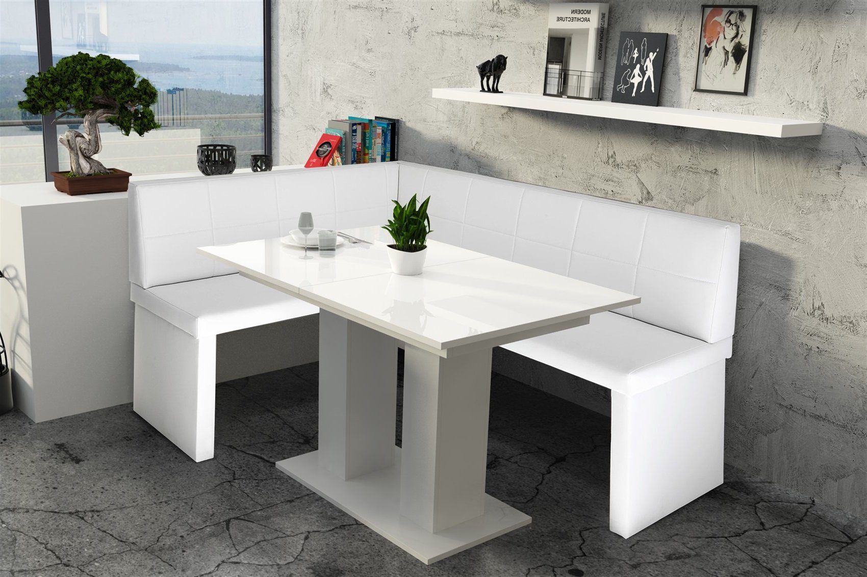Fun Möbel Eckbankgruppe mit ausziehbarer Tisch Weiß „Robin Kunstleder 196x142cm XL“ Tisch Hochglanz, Eckbankgruppe