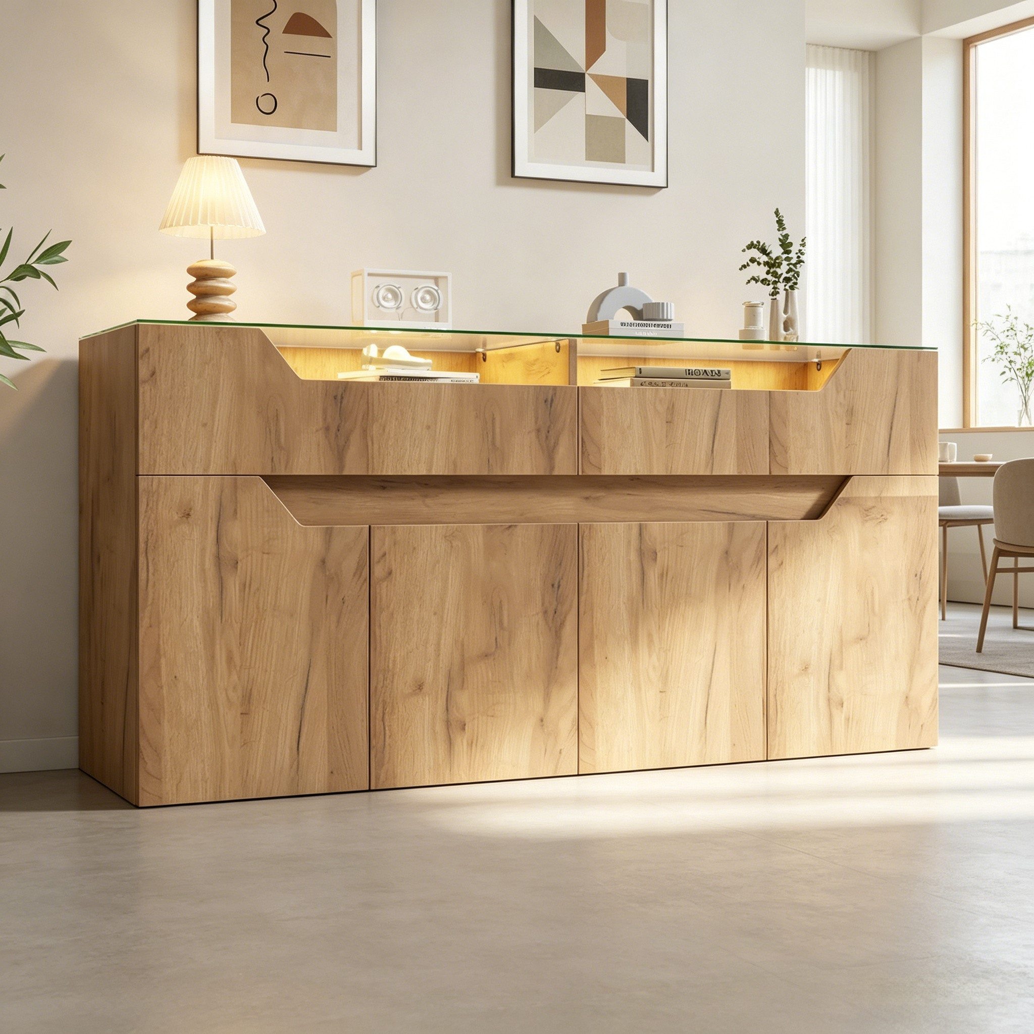 Merax Sideboard mit LED-Beleuchtung, Aufbewahrungsschrank Buffetschrank Anrichte (1 St), Kommode mit 2 Schubladen, 4 Türen, gehärteter Glasplatte & Stauraum