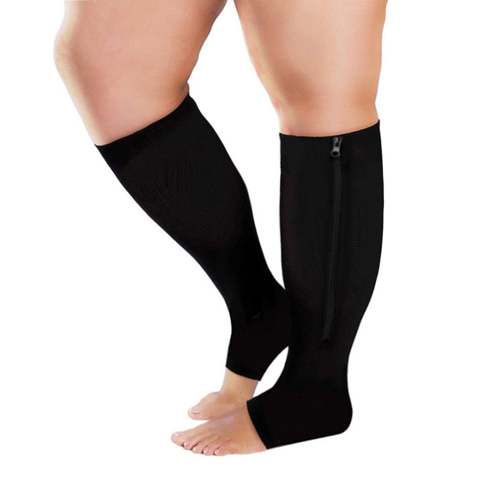 Stützsocken mit Paar Reißverschlusssocken seitlichem schwarz Zeh rutschfeste Laufsocken Kniehohe Sportsocken Spitze, Wadensocken mit Krampfadern) gegen (Venöse Offener Herren Rutaqian Kompressionsstrümpfe, und 2 Reißverschluss Damen Laufsocken Sportsocken für Kompressionssocken offener