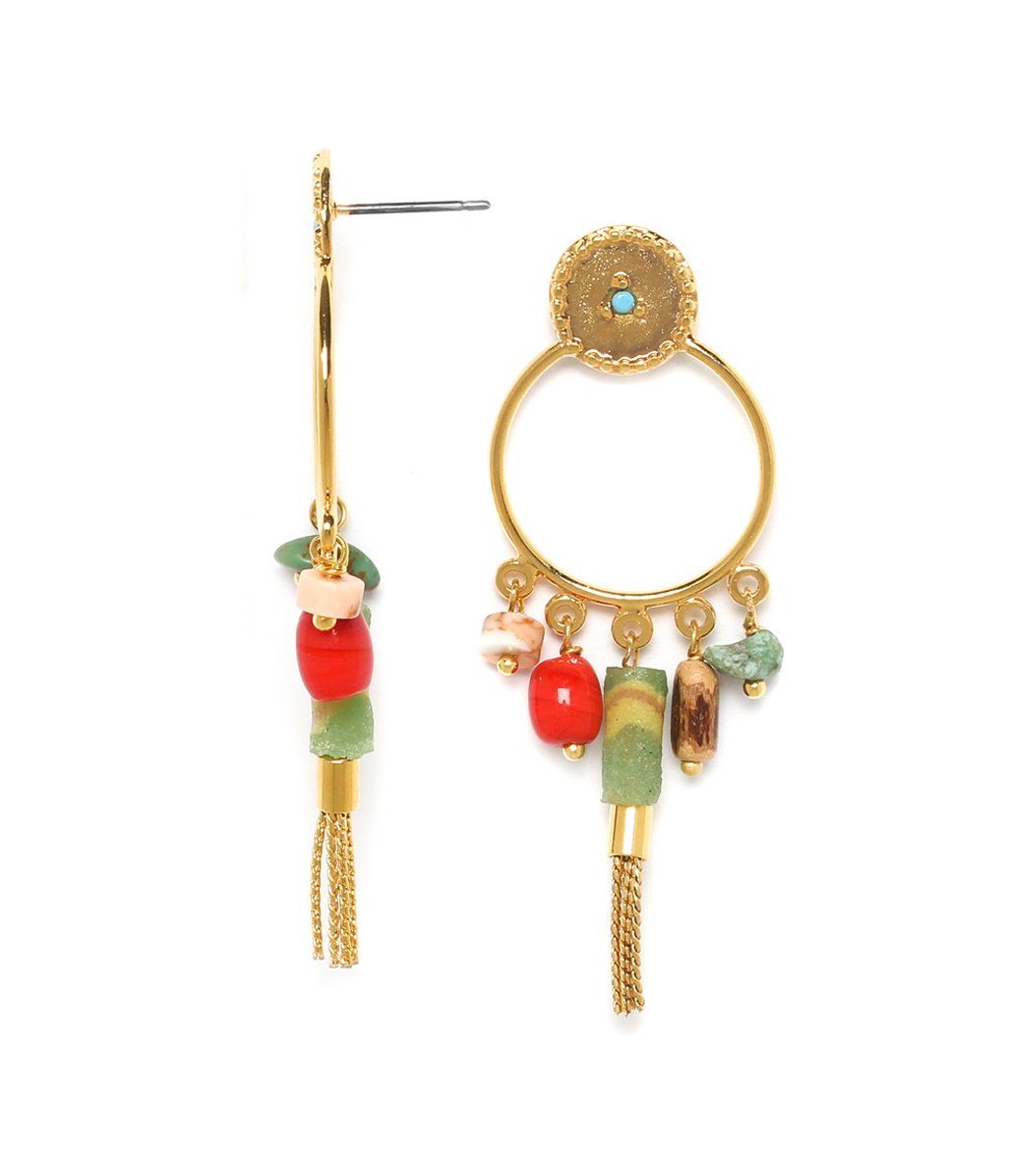 Mugello Paar Ohrstecker Manon Ohrstecker lang bunt gold Ibiza-Trend Boho, Handarbeit aus Frankreich, Messing mit 18K-Vergoldung (750er-Gold)