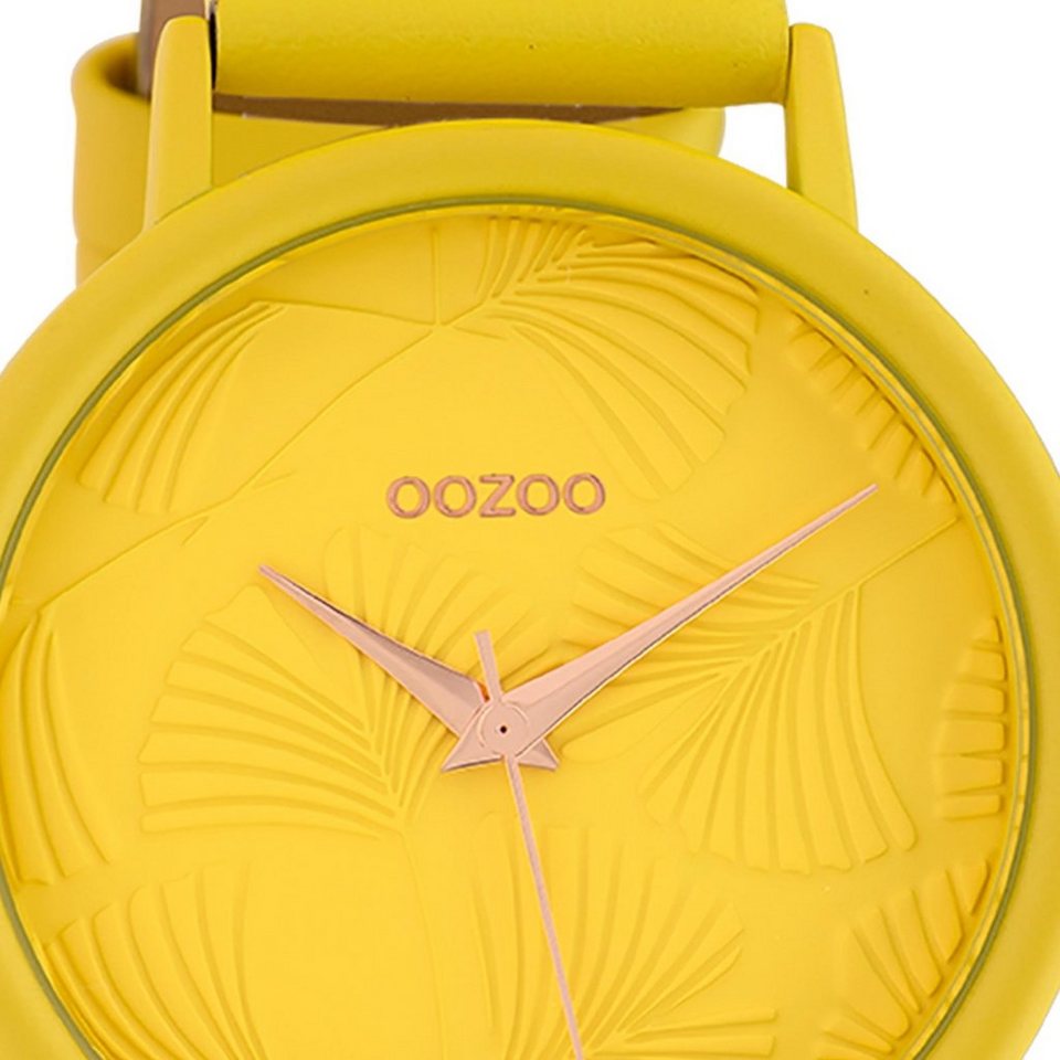 OOZOO Quarzuhr Oozoo Damen Armbanduhr gelb, Damenuhr rund, groß (ca. 42mm),  Lederarmband gelb, Fashion