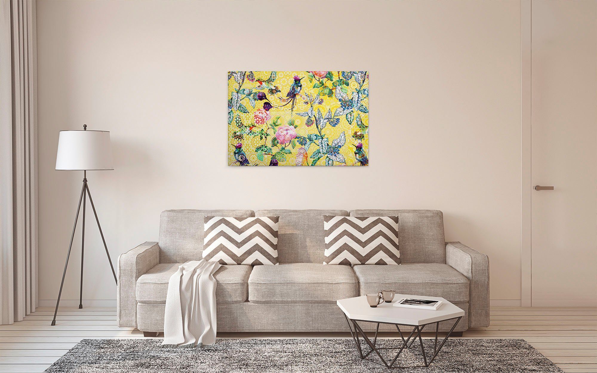 A.S. Création Leinwandbild exotic Vögel St), Bild Vögel mosaic, gelb, Blumen Keilrahmen Floral blau (1 grün, Mosaik