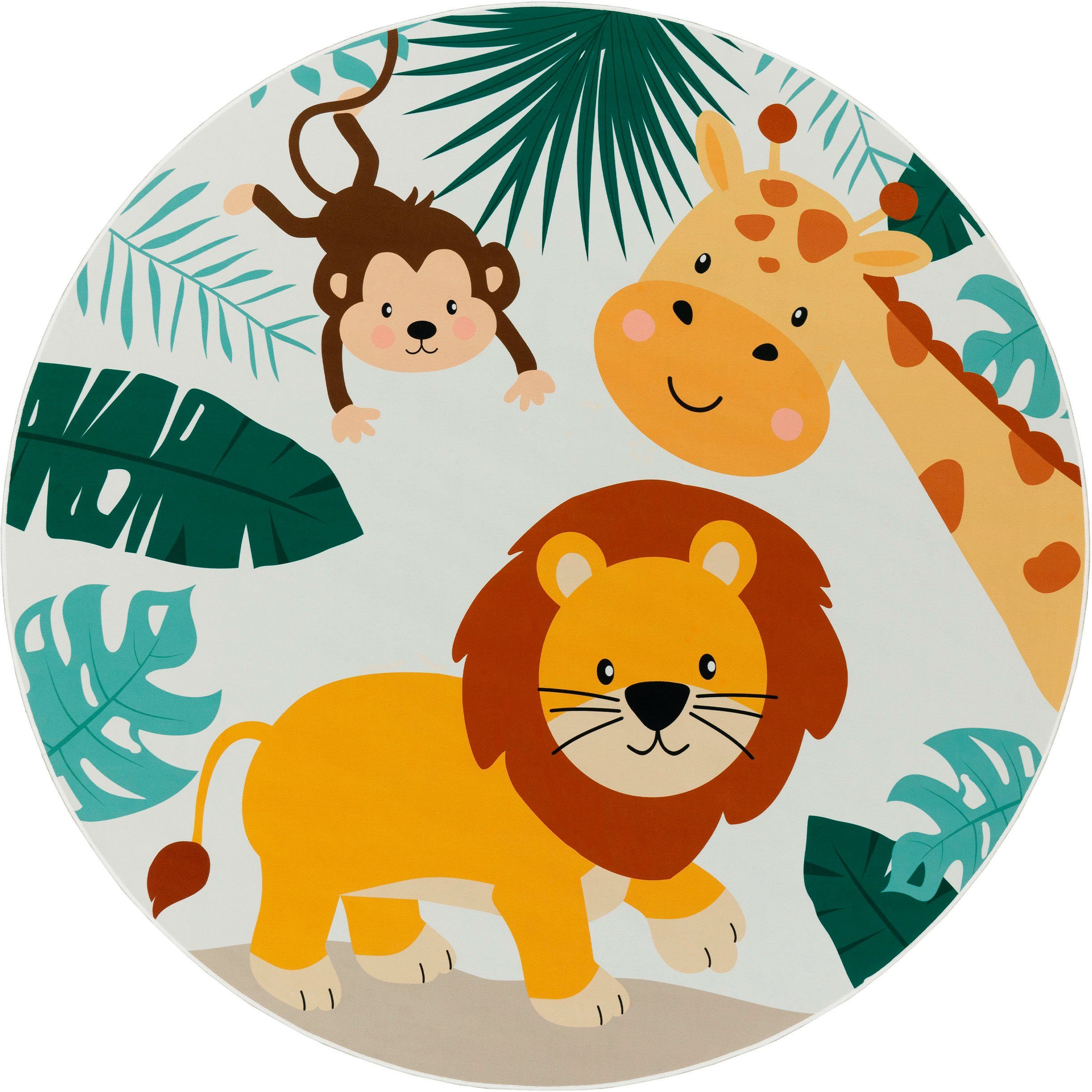 Paco Home Kinderteppich Bino 582, rund, Höhe: 4 mm, Spielteppich, Motiv Tiere, Löwe & Giraffe, Kinderzimmer