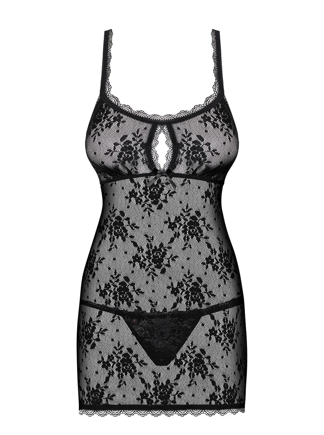 Obsessive Negligé Frauen Dessous Babydoll Minikleid in schwarz mit String aus Mesh und f