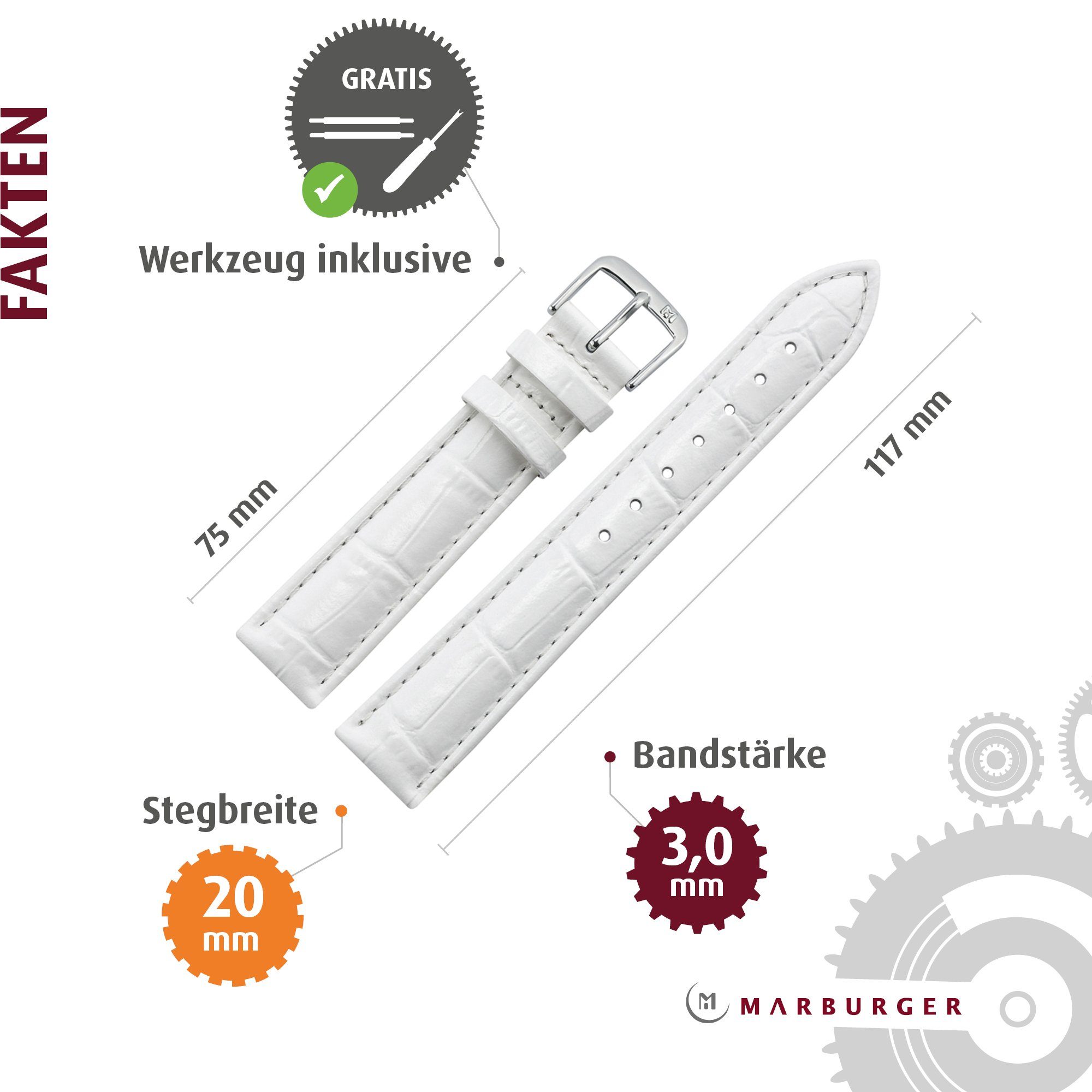 MARBURGER Uhrenarmband 20mm Leder Alligator Prägung