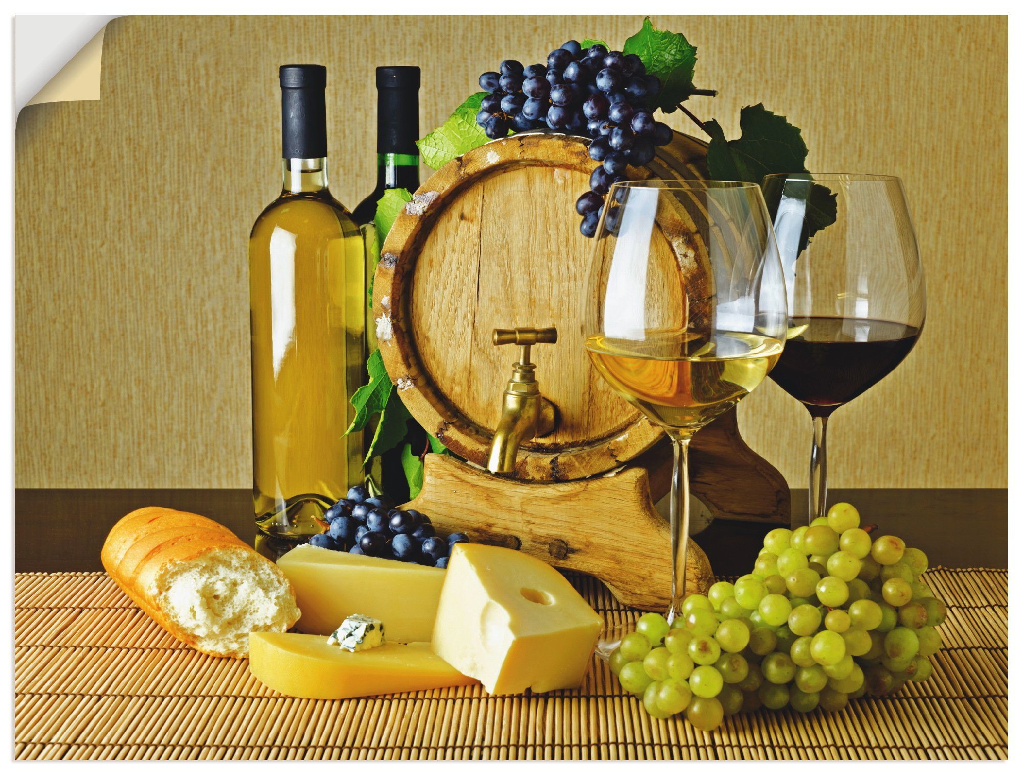 Wein Lebensmittel Größen Wandbild als oder St), Poster und in Alubild, Artland Wandaufkleber Trauben, (1 Leinwandbild, Käse, versch.