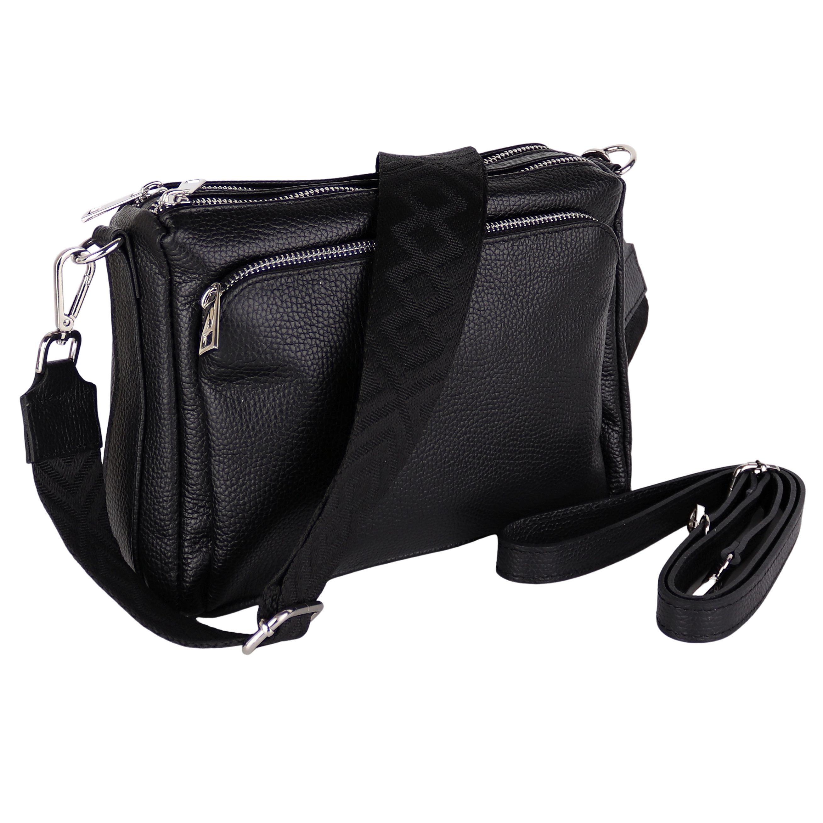 MIRROSI Umhängetasche Damen, Echtleder, Leder, Made in Italy, Mittelgroß, (Schultertasche für jeden Anlass (1 Tasche mit 1 oder 2 Gurte), 27x19x10cm, Drei Hauptfächer mit Reißverschluss), Crossbody Bag, Schwarz, gemusterten& verstellbaren Schulterriemen