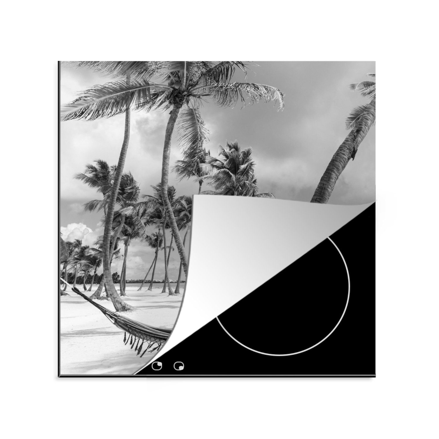 MuchoWow Herdblende-/Abdeckplatte Hängematte am Strand der Dominikanischen Republik schwarz und weiß, Vinyl, (1 tlg), 78x78 cm, Ceranfeldabdeckung, Arbeitsplatte für küche