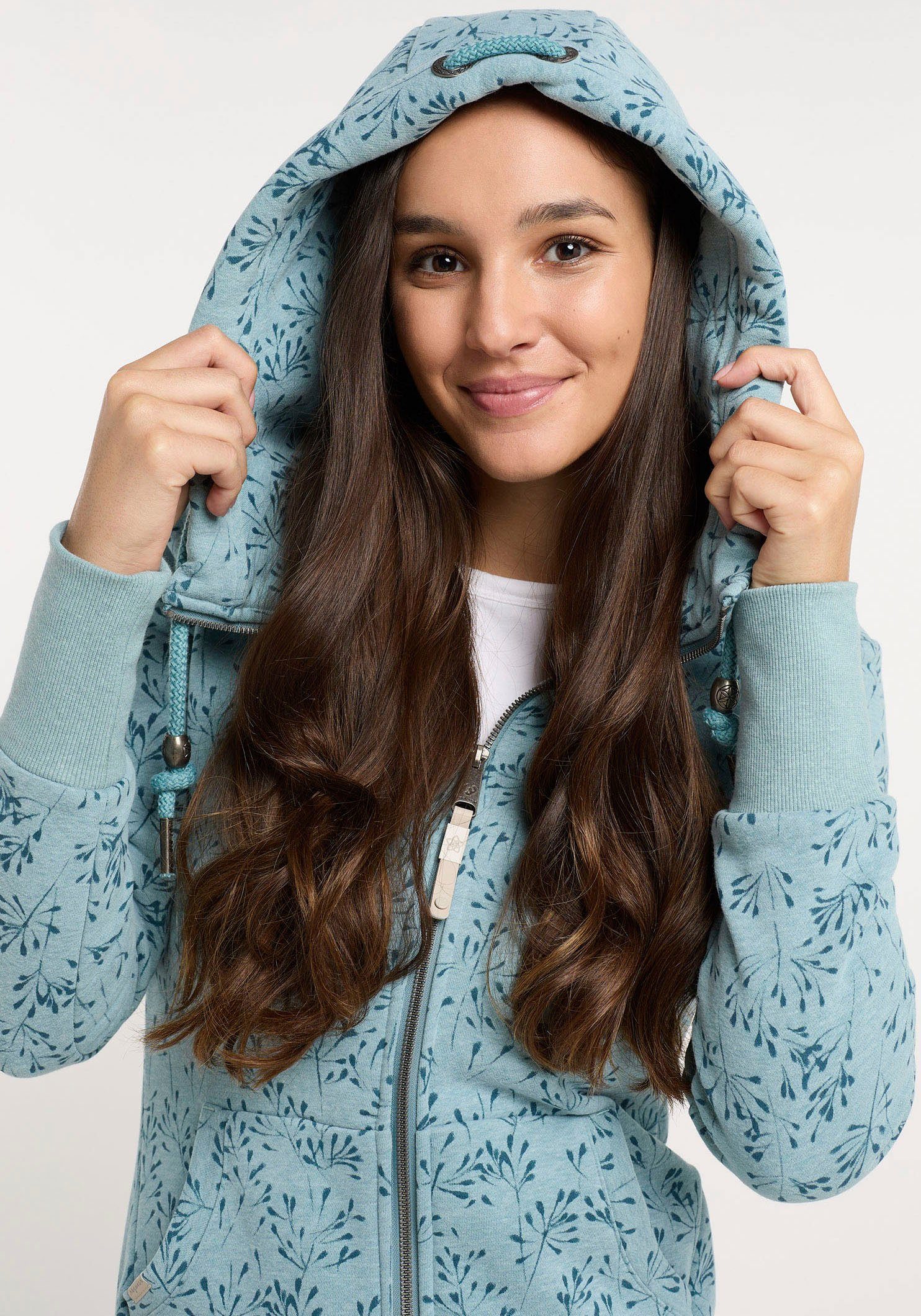 Kapuzensweatjacke NESKA Allover-Print FLOWERY floralem Sweatjacke ZIP blue mit stone Ragwear