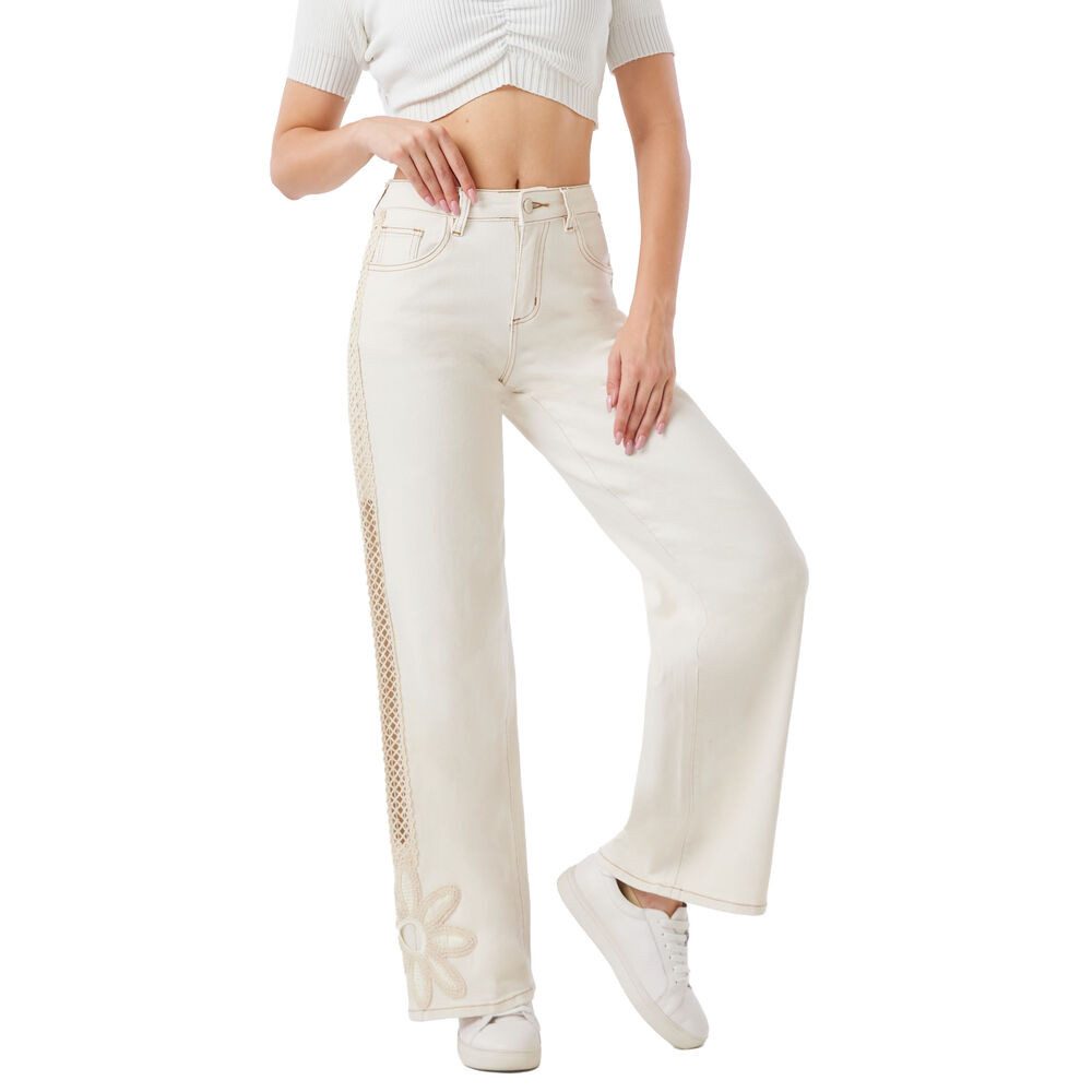 Ital-Design Weite Jeans Damen Hose High Waist Wide Leg mit Zierdetails (91767282) Applikation Stretch High Waist Jeans in Beige