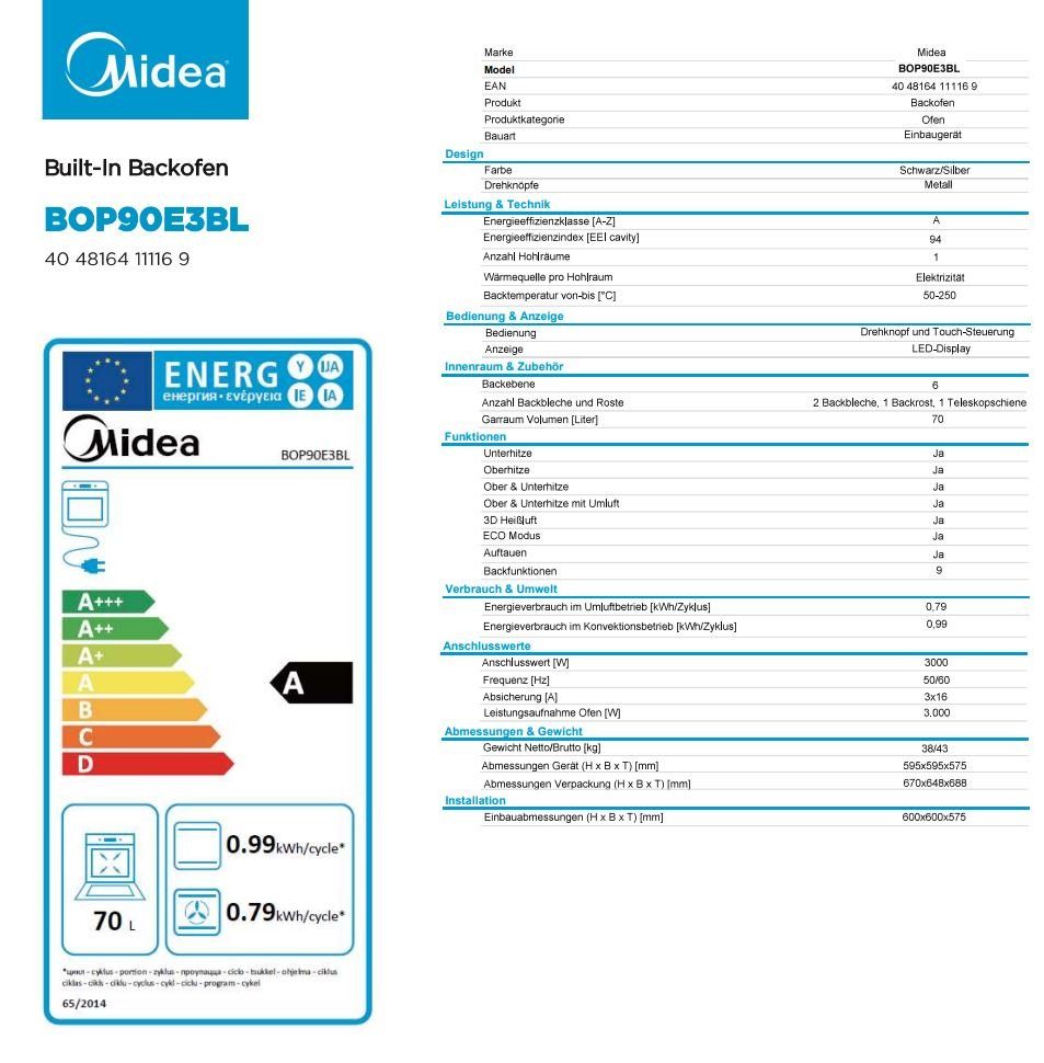 Midea Induktions Herd-Set Einbau-Backofen Pyrolyse mit cm 60 + Booster Induktionskochfeld autark