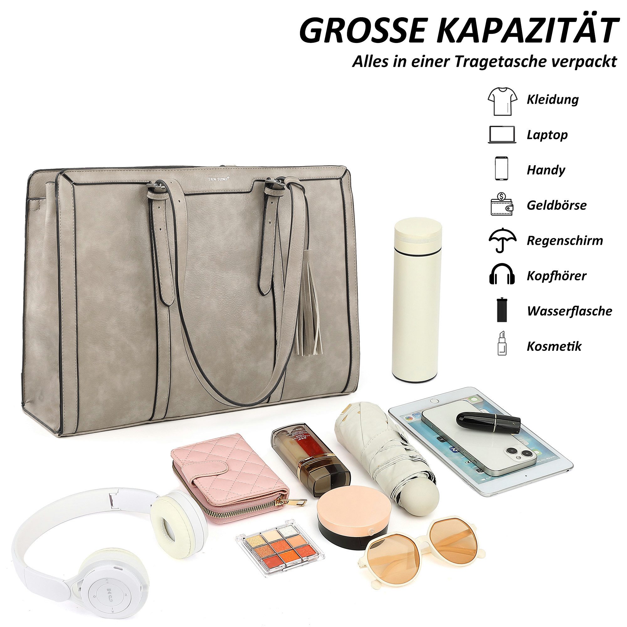 TAN.TOMI Handtasche Große Business Handtasche Damen Leder Schultertasche Arbeit Schule, Bürotasche Damen 15.6 Zoll Notebookt mit 3 Fächern für Büro Schule