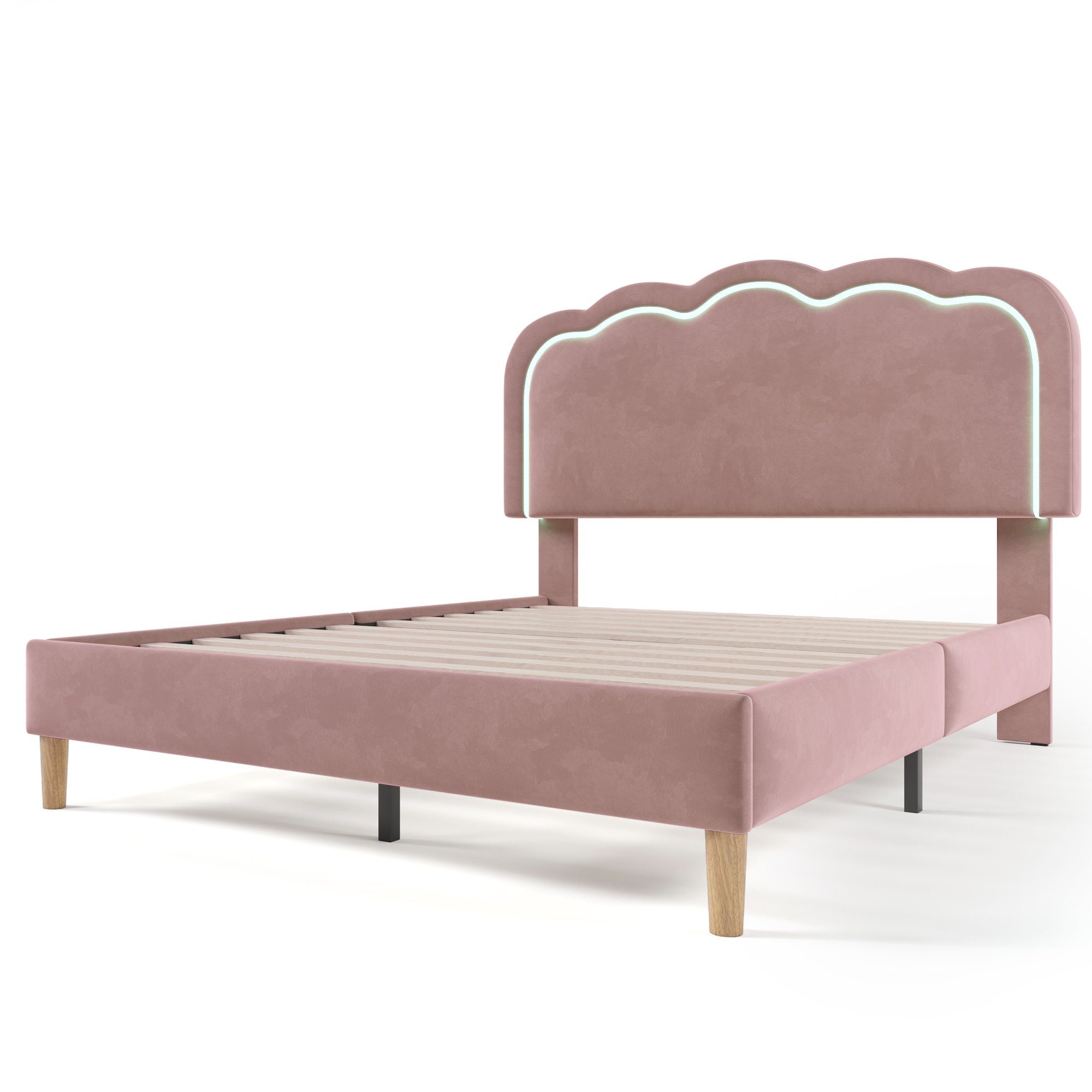 Polsterbett (LED Doppelbett), mit Lattenrost & Verstellbares Kopfteil in Puff-Form, 140x200cm, Samt