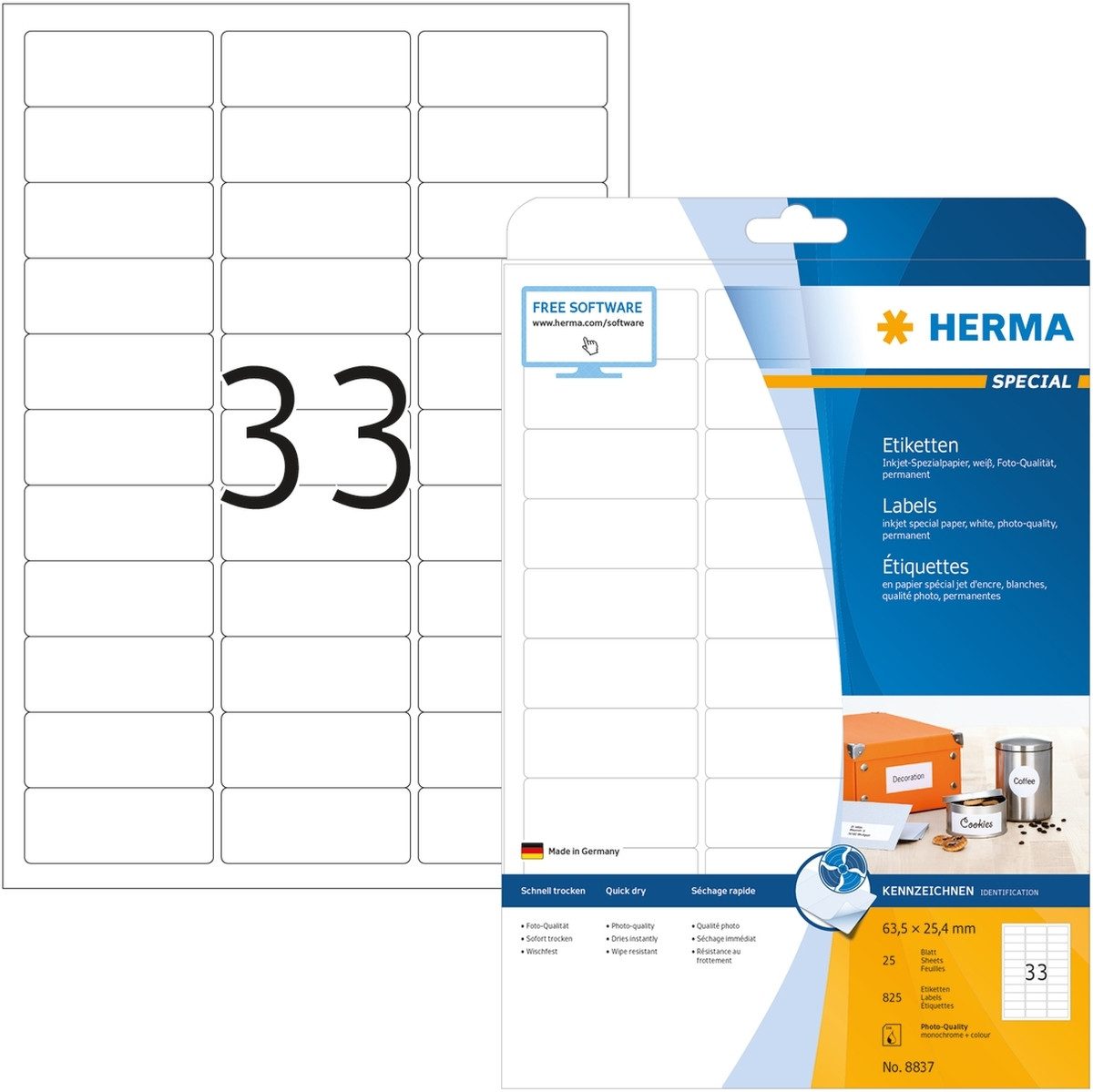 Etiketten Inkjet-Etiketten weiß 63,5x25,4mm Special A4 VE=825 Stück