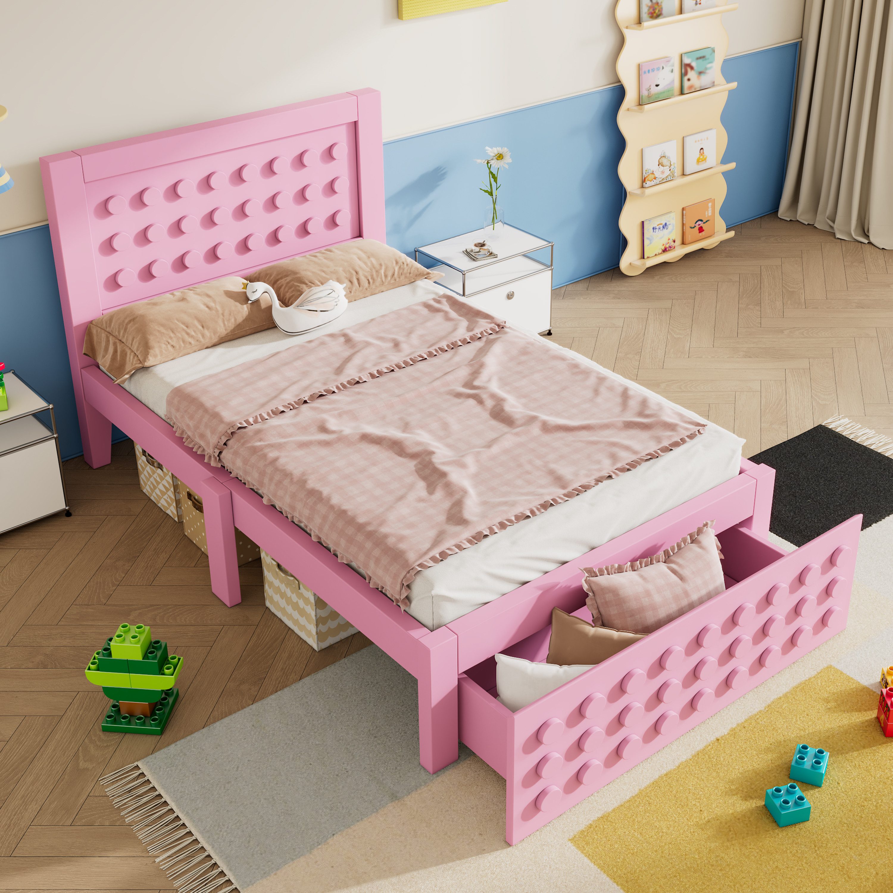 MODFU Hochbett Jugendbett mit Anti-Kollisions-Kanten (Einzelbett, 1-St., 90x200 cm, ohne Matratze) mit Schublade, kreatives Blockdesign aus Massivholz und MDF
