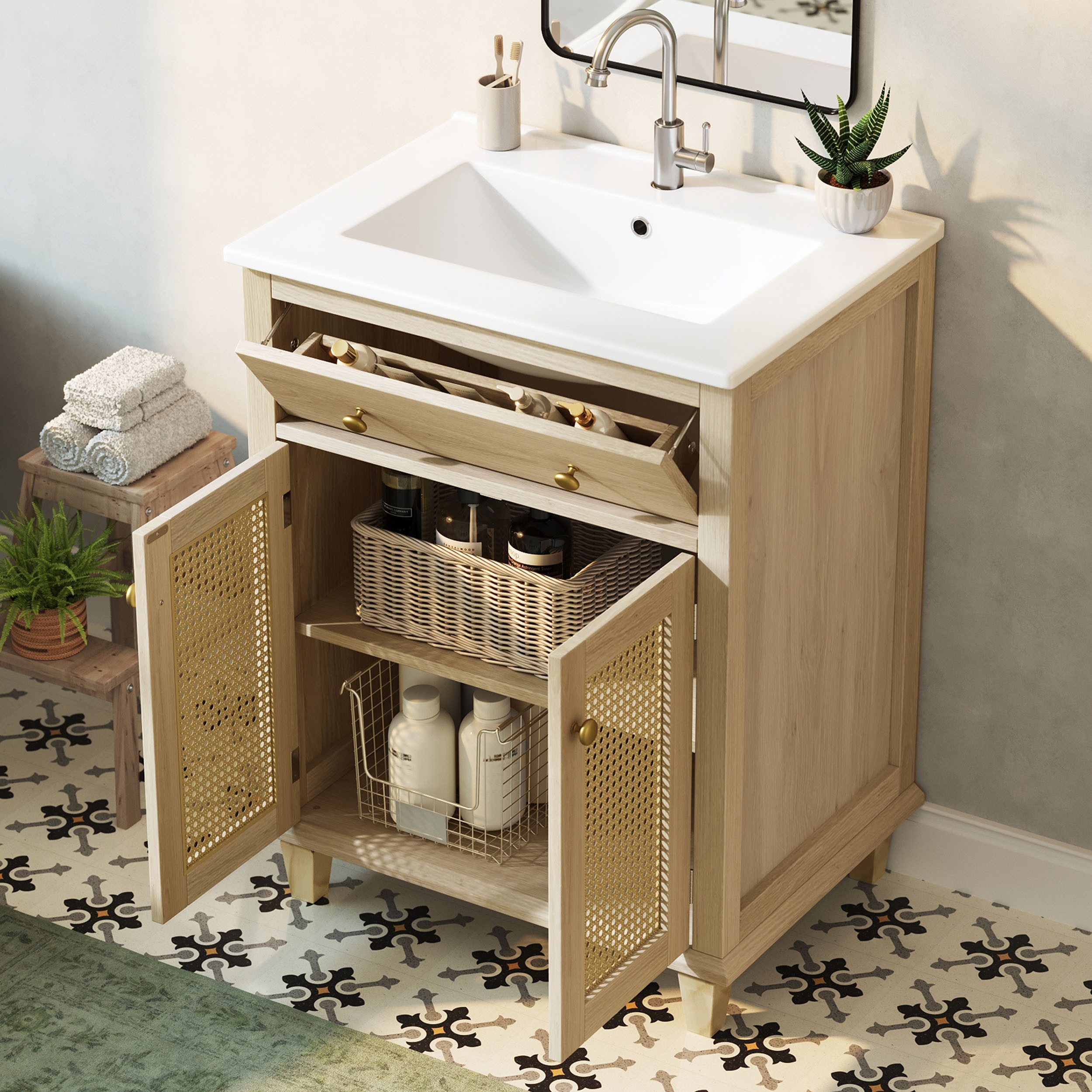 Merax Waschtisch Waschbeckenunterschrank mit Klappschublade inkl. Waschbecken (Badmöbel-Set im Landhausstil Holzoptik, 1-St), Badzimmerschrank mit 2 Rattan Türen & höhenverstellbaren Einlegeböden