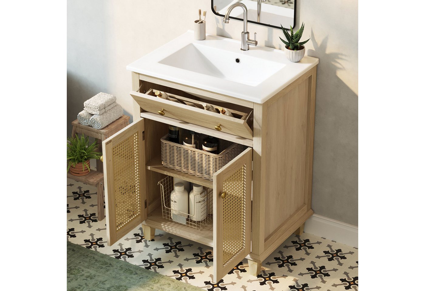 Merax Waschtisch Waschbeckenunterschrank mit Klappschublade inkl. Waschbecken (Badmöbel-Set im Landhausstil Holzoptik, 1-St), Badzimmerschrank mit 2 Rattan Türen & höhenverstellbaren Einlegeböden