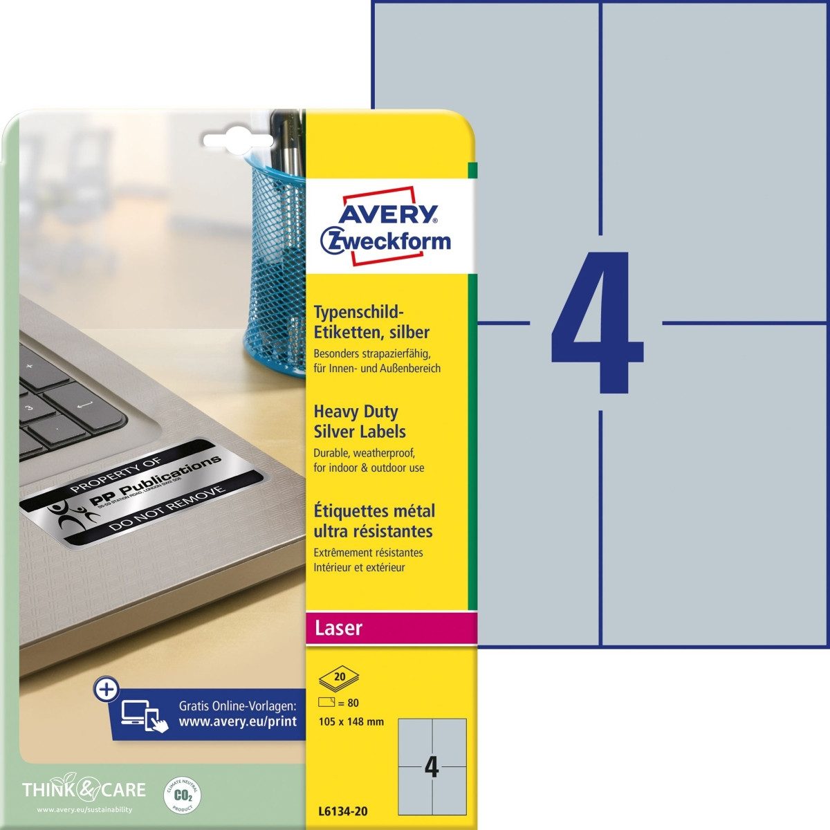Avery Zweckform Etiketten Typenschild-Etiketten 105 x 148mm silber VE=80 Stück