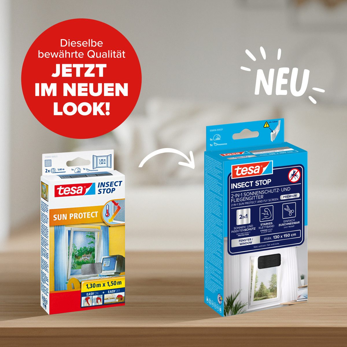 tesa Fliegengitter-Gewebe 2-in-1 Sonnenschutz- und Fliegengitter Premium für Fenster, (Packung, 1-St., Fliegennetz, Klettband), INSECT STOP Fliegen Netz ohne Bohren - 130 cm x 150 cm