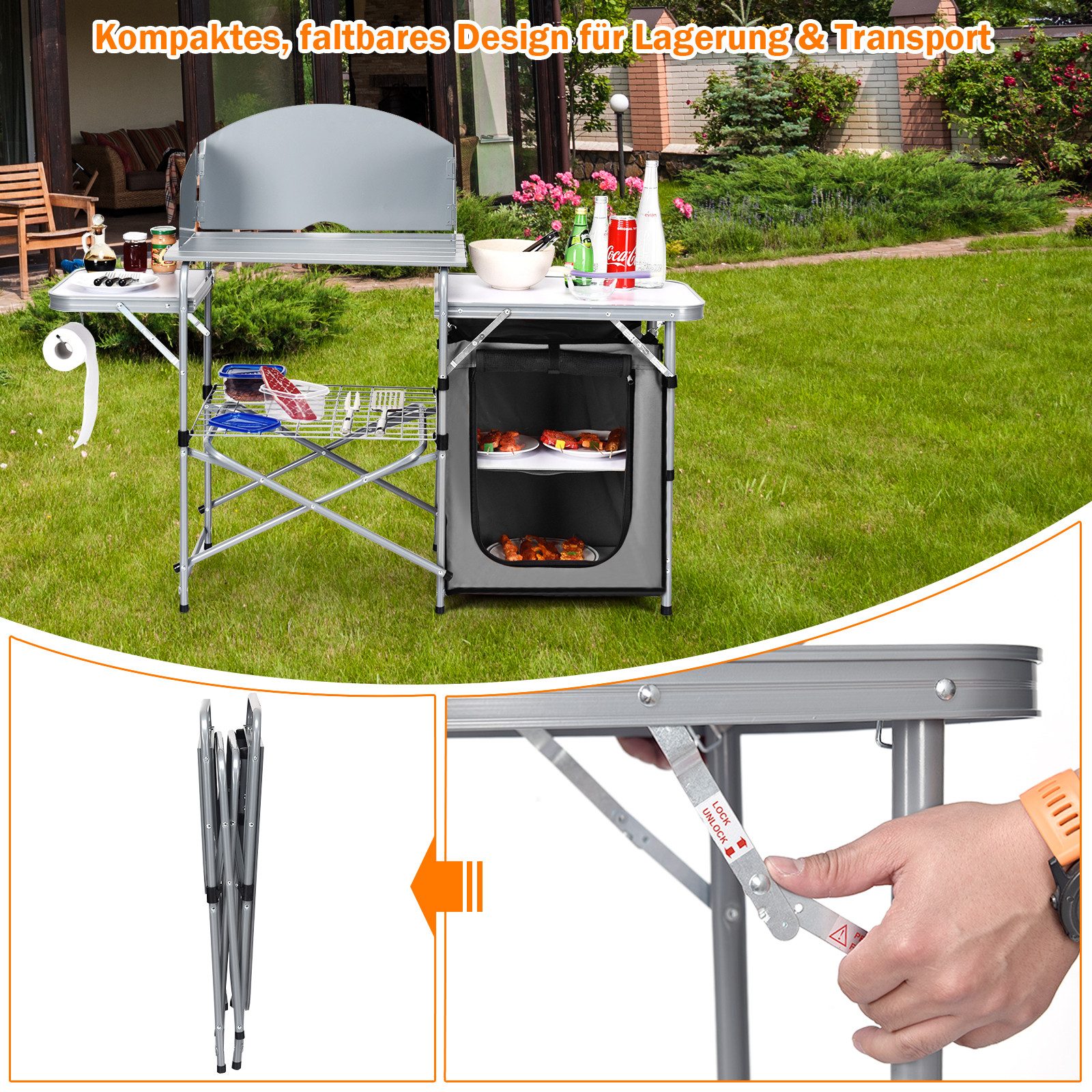 KOMFOTTEU Campingschrank faltbare Campingküche mit Ablage, Windschutz & Tragetasche