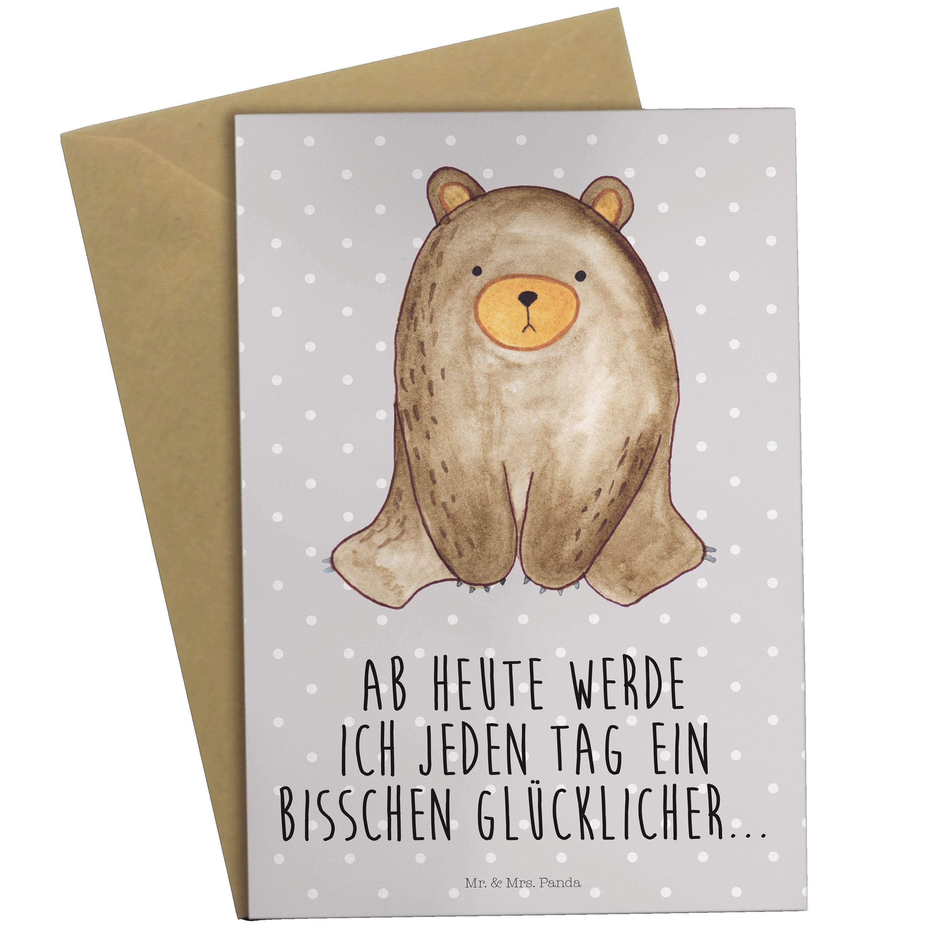 Mr. & Mrs. Panda Grußkarte Bär sitzend - Grau Pastell - Geschenk, Teddybär, Karte, Klappkarte, T