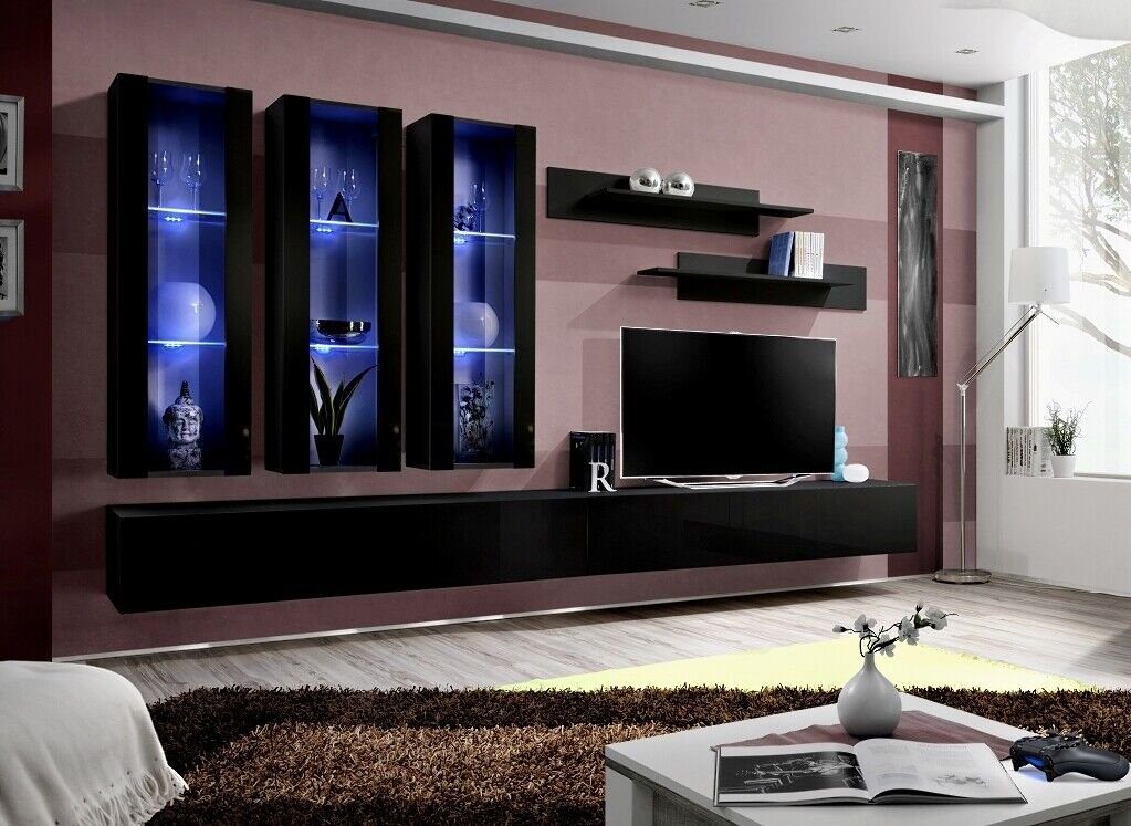 JVmoebel Wohnzimmer-Set Moderne Design Wohnwand TV-Ständer Holz Wohnzimmer, (8-St., 1x Wohnwand + 2x TV Ständer + 3x Hänge Vitrine + 2x Wandregale), Made in Europa
