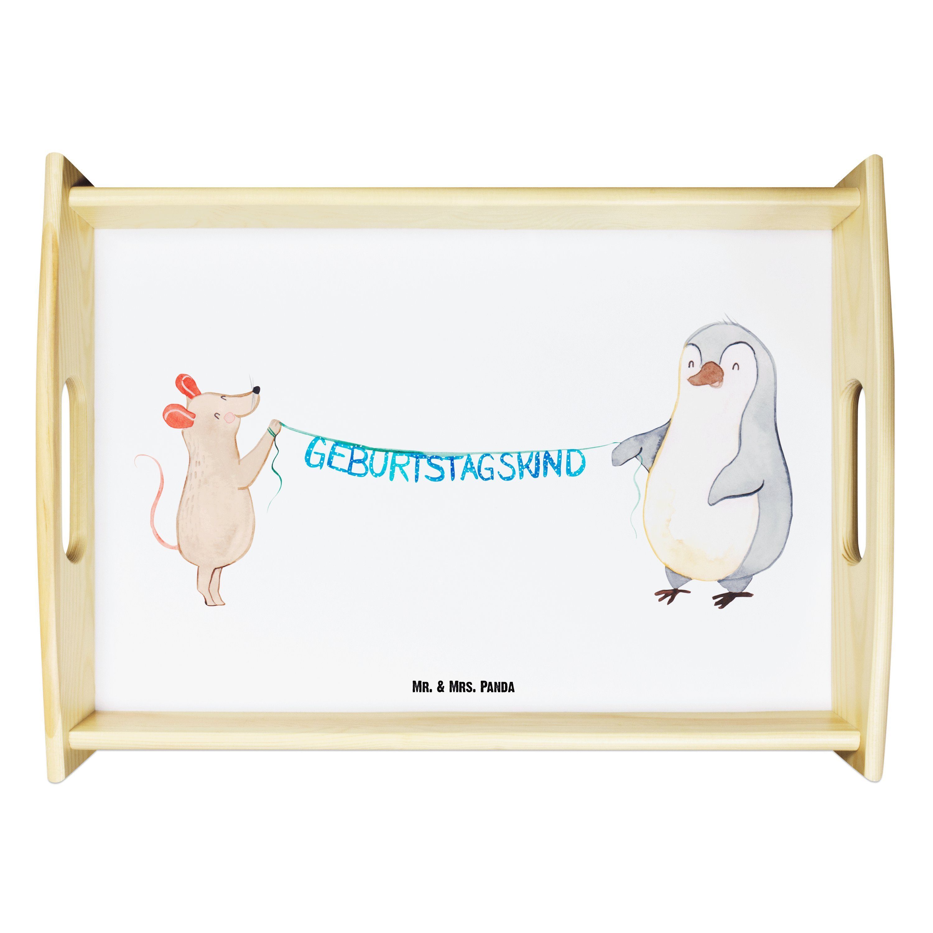 Panda - Tablett & Mrs. (1-tlg) Geburtstag - Frühstüc, Pinguin Echtholz Geschenk, Weiß Mr. Maus lasiert, Geburtstagsfeier,