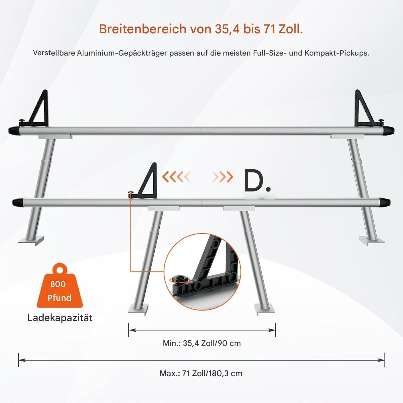 GarveeMore Dachträger (Schwerlast-LKW-Gepäckträger, 2-St., 43–73 cm verstellbarer, Tragkraft 360 kg, C-Klemmen), 180,3 x 20,1 x 73,7 cm
