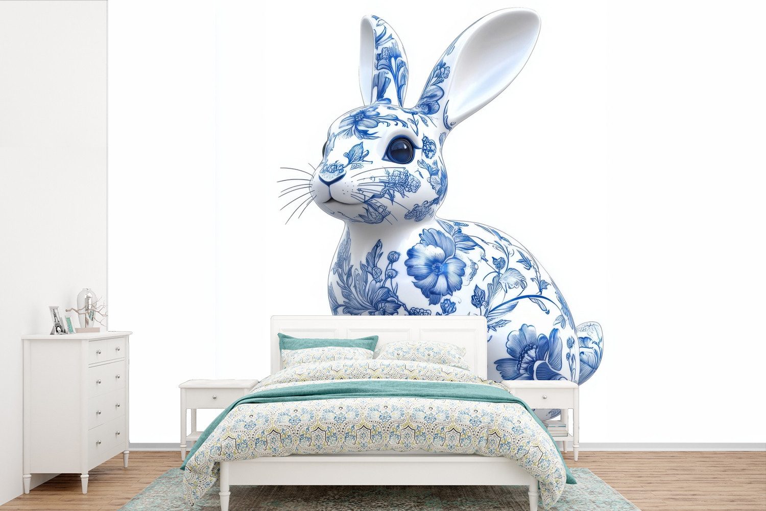 MuchoWow Fototapete Delfter Blau - Kleines Kaninchen - Weiß, Matt, bedruckt, Wallpaper für Wohnzimmer, Schlafzimmer, Vinyl Tapete, 330x220 cm