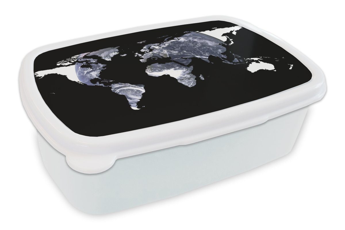 MuchoWow Lunchbox Weltkarte - Schwarz - Weiß - Globus, Kunststoff, (2-tlg), Brotbox für Kinder und Erwachsene, Brotdose, für Jungs und Mädchen