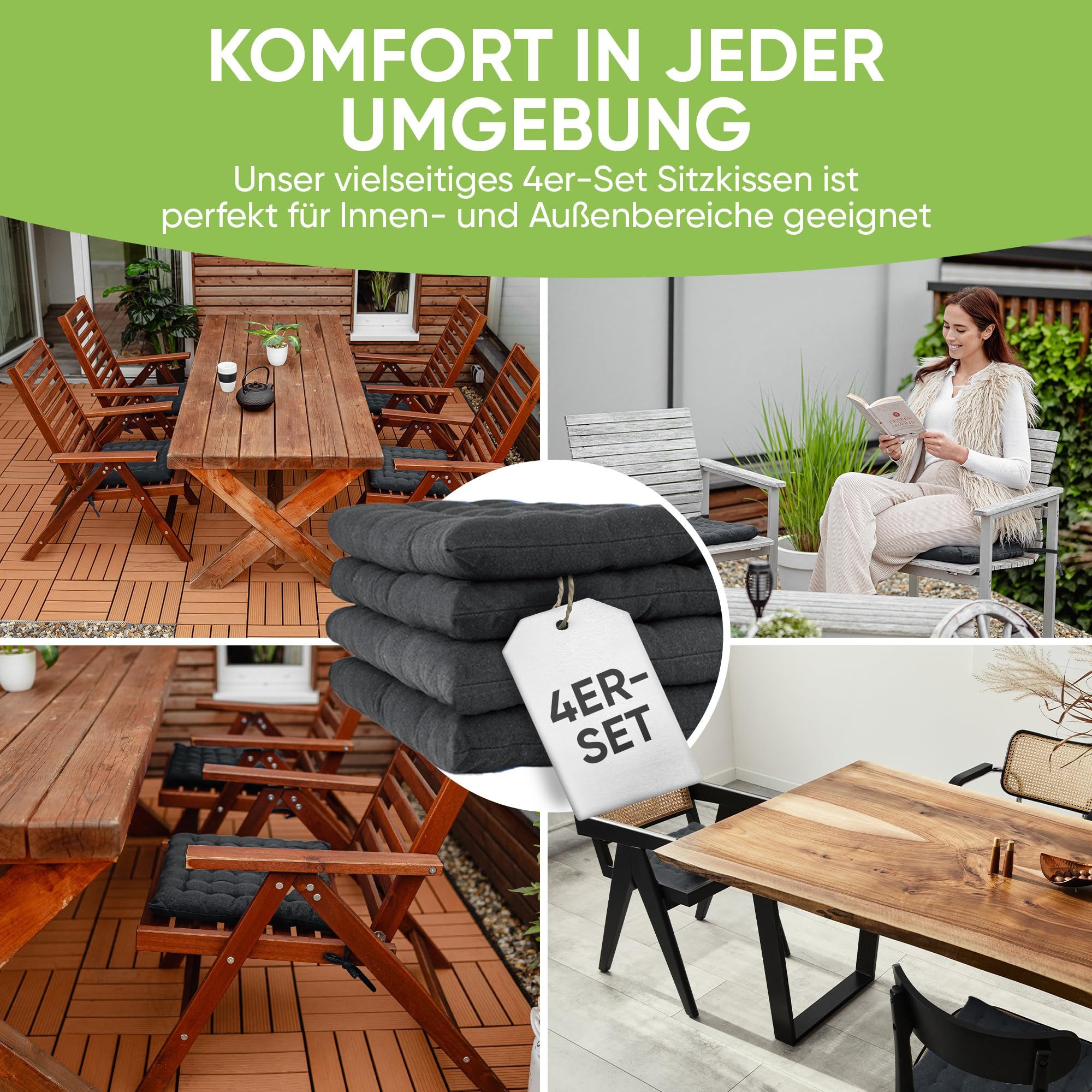 Gräfenstayn Stuhlkissen 4er-Set in 40x40cm und 5cm dicker Polsterung aus 100% Baumwolle, robustes Sitzkissen für Indoor & Outdoor, mit Haltebändern – Bild 4 von 5