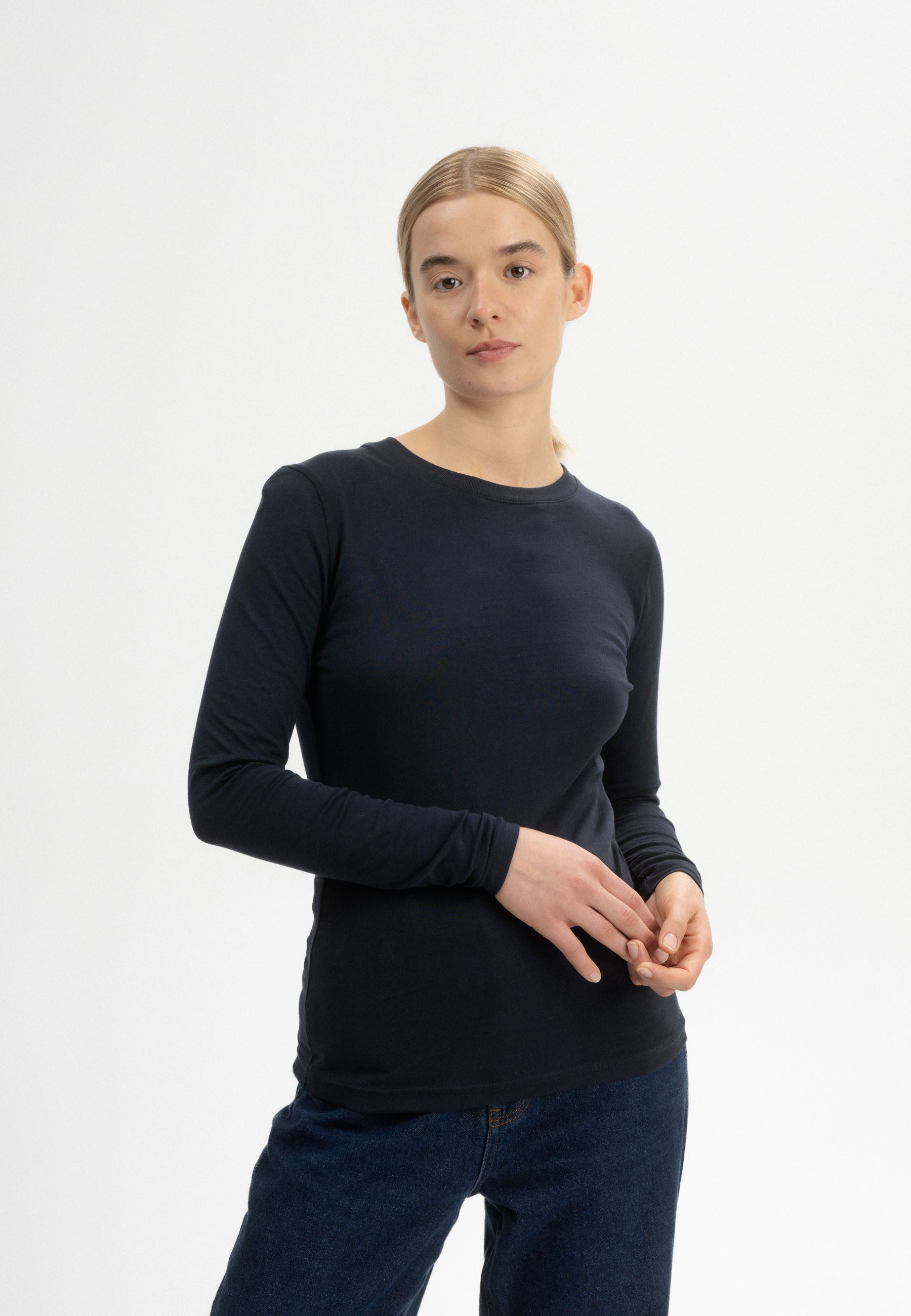MELA Langarmshirt Basic Langarmshirt Style DHIVYA Fein gerippter Kragen