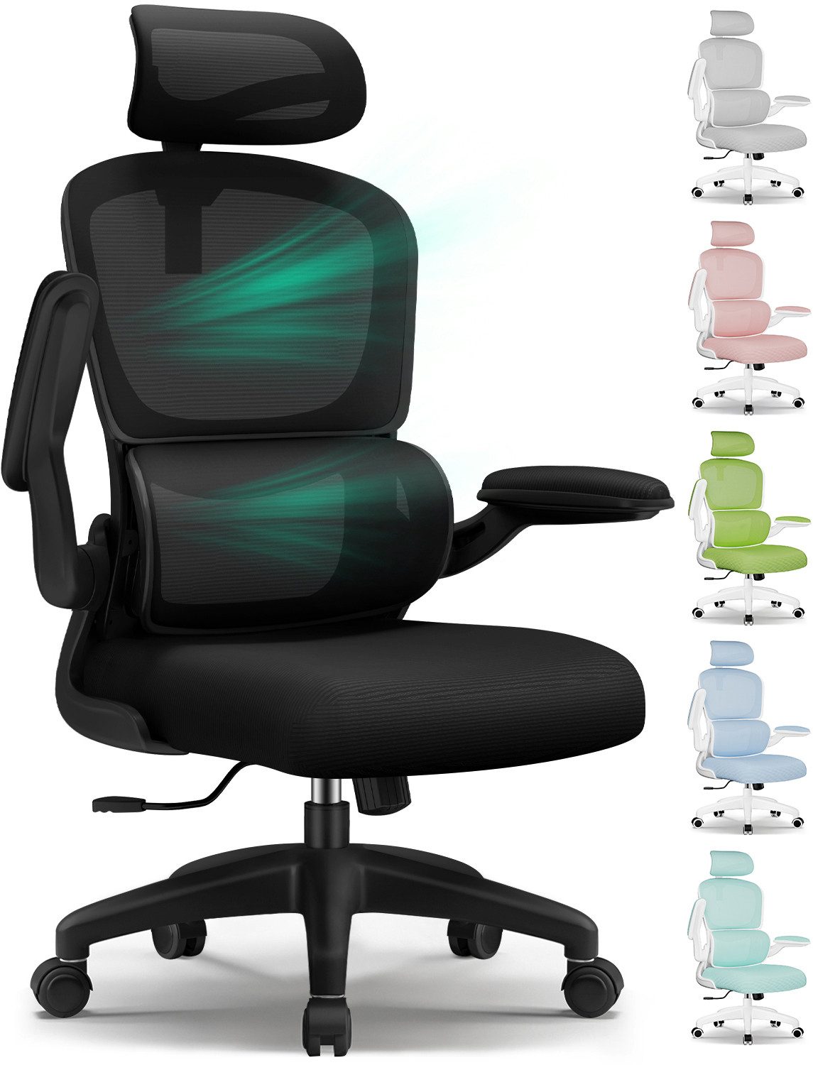 Fukstern Bürostuhl Ergonomischer Bürostuhl mit 90° klappbaren Armlehnen (Verstellbare Kopfstütze, atmungsaktiver Mesh-Bezug, Rücken- und Taillenstütze, Neigung fixierbar bei 90° (maximal kippbar bis 135), bis 150 kg belastbar