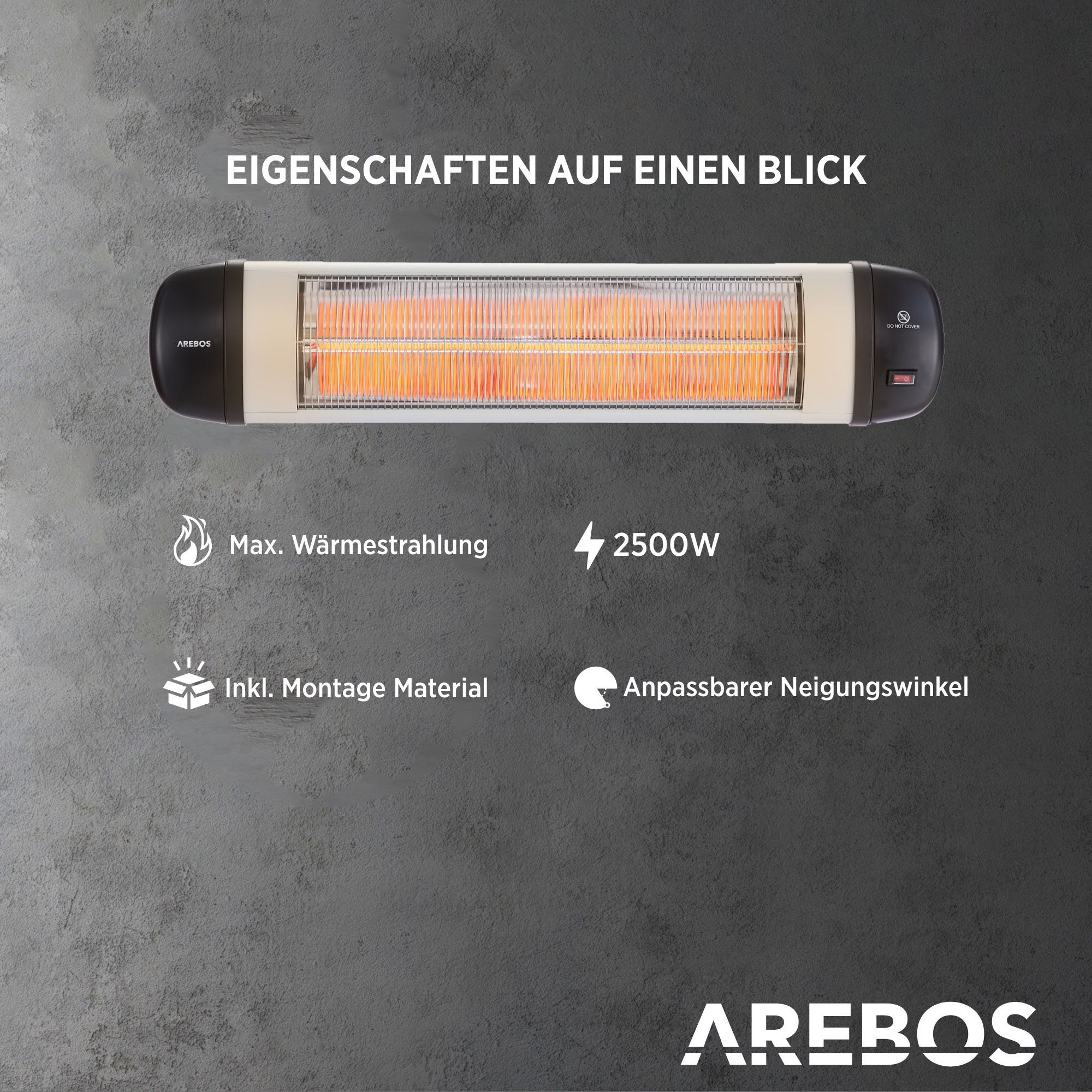 Arebos Heizstrahler Infrarot 2500 W, Schutzart, Wandmontage IP34
