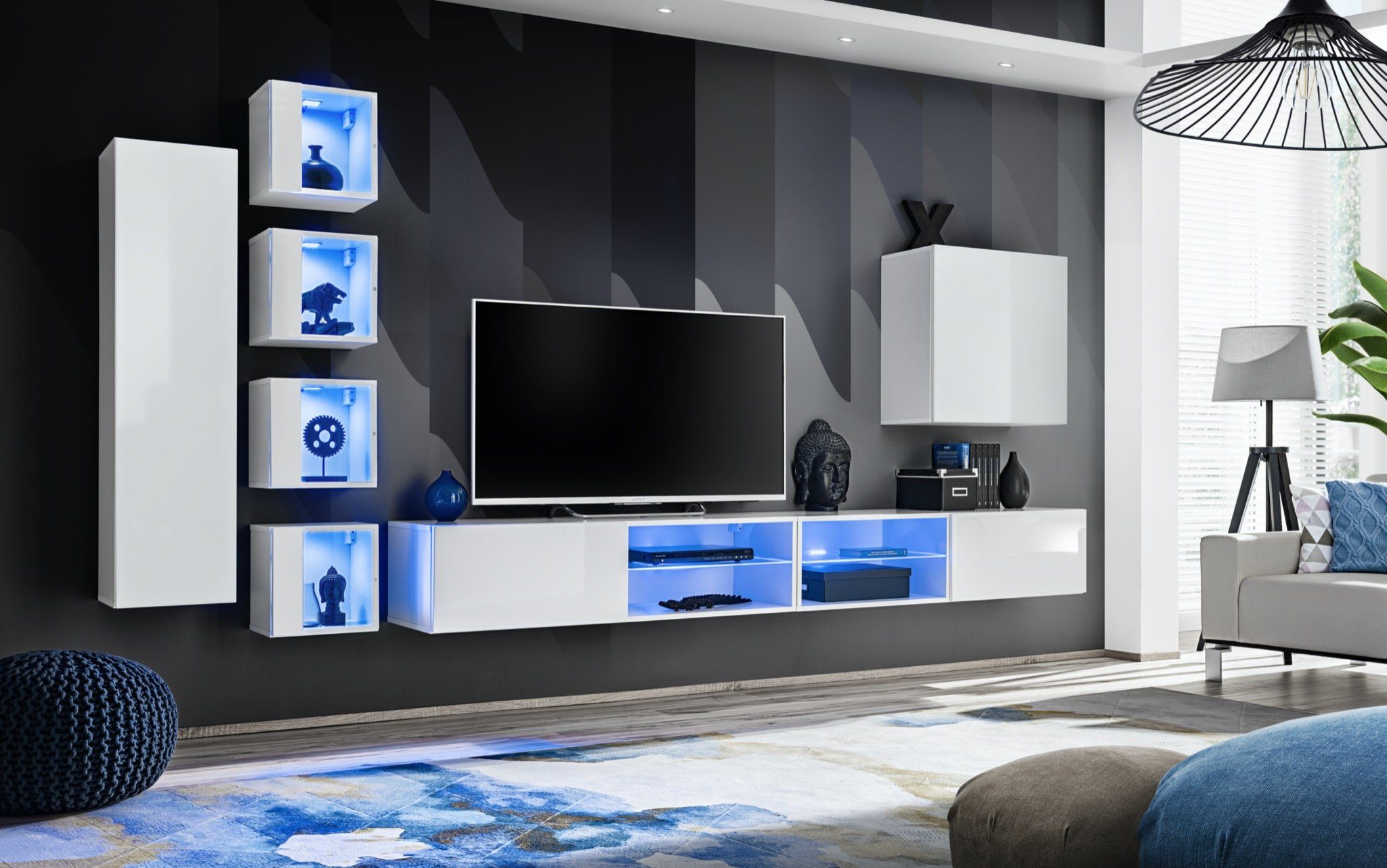 6x Modern Ständer Holzmöbel + Wohnwand LED JVmoebel Wohnwand Schrank beleuchtet TV-Ständer Wandschrank), (8-St., Hänge Neu, TV 2x Designer