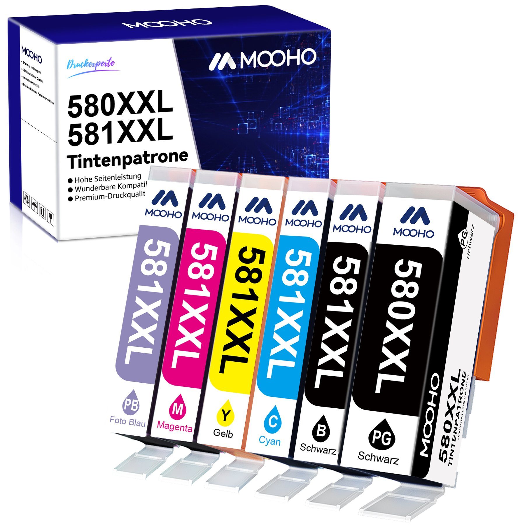 TS8150 TS8350 (6er-pack) 580XL Blau+1PGBK+1Schwarz+1Cyan+1Magenta+1Gelb (TR8550 TS6250 für TS6150 TS9550) TS6350 PGI-580XXL 1Foto Tintenpatrone Multipack MOOHO CANON CLI-581XXL