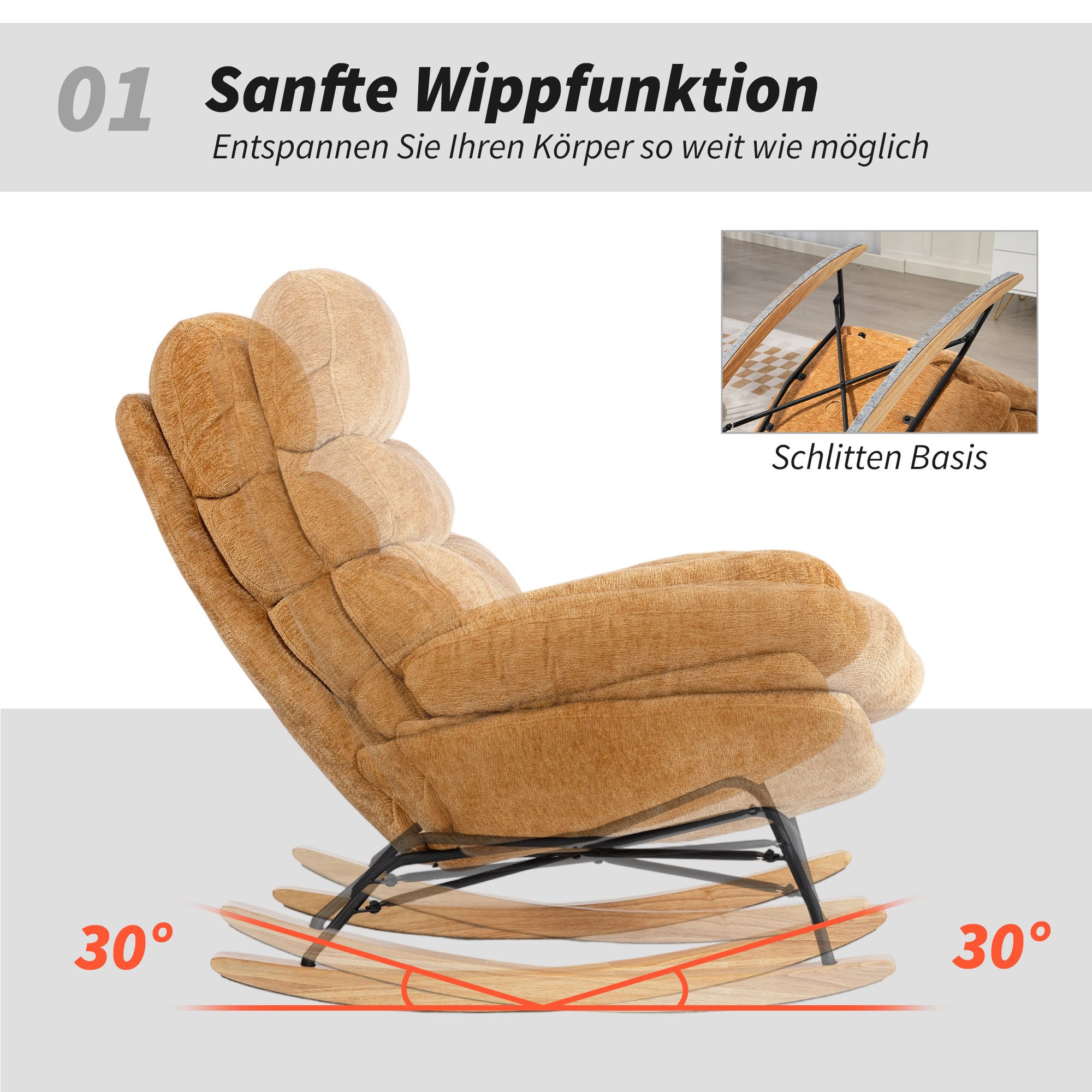 HOMCOM Schaukelstuhl Schaukelsessel mit Rückenlehne, gepolstert Relaxsessel Lesesessel (Schwingstuhl, 1 St), für Wohnzimmer, Schlafzimmer, Gelb – Bild 4 von 5