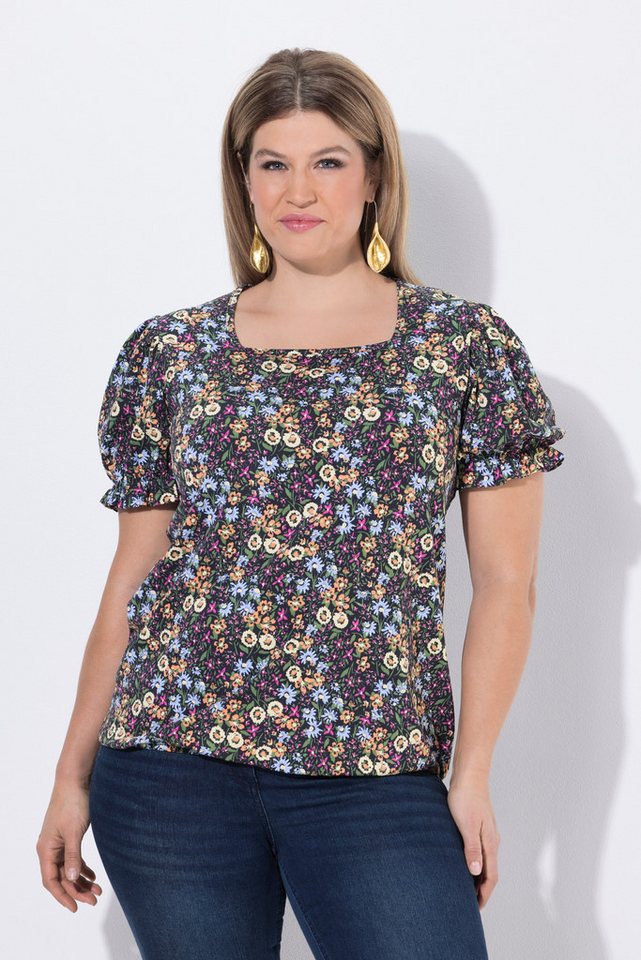 Ulla Popken T-Shirt T-Shirt Blüten Rüschen Carré-Ausschnitt Halbarm