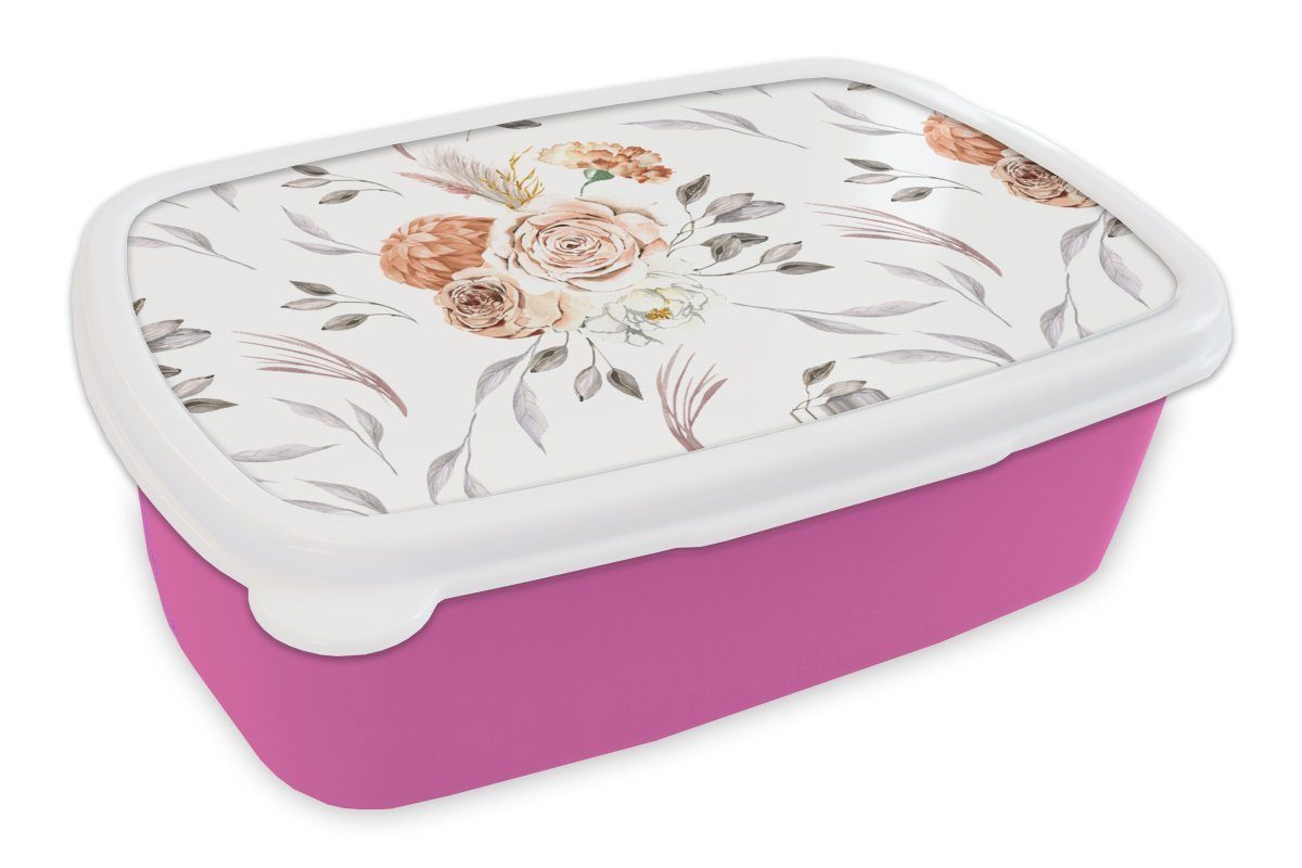 - für Kunststoff Rose - Mädchen, Kinder, - (2-tlg), Muster Blumen Brotbox Lunchbox Weiß, Kunststoff, Brotdose rosa MuchoWow Erwachsene, Snackbox,