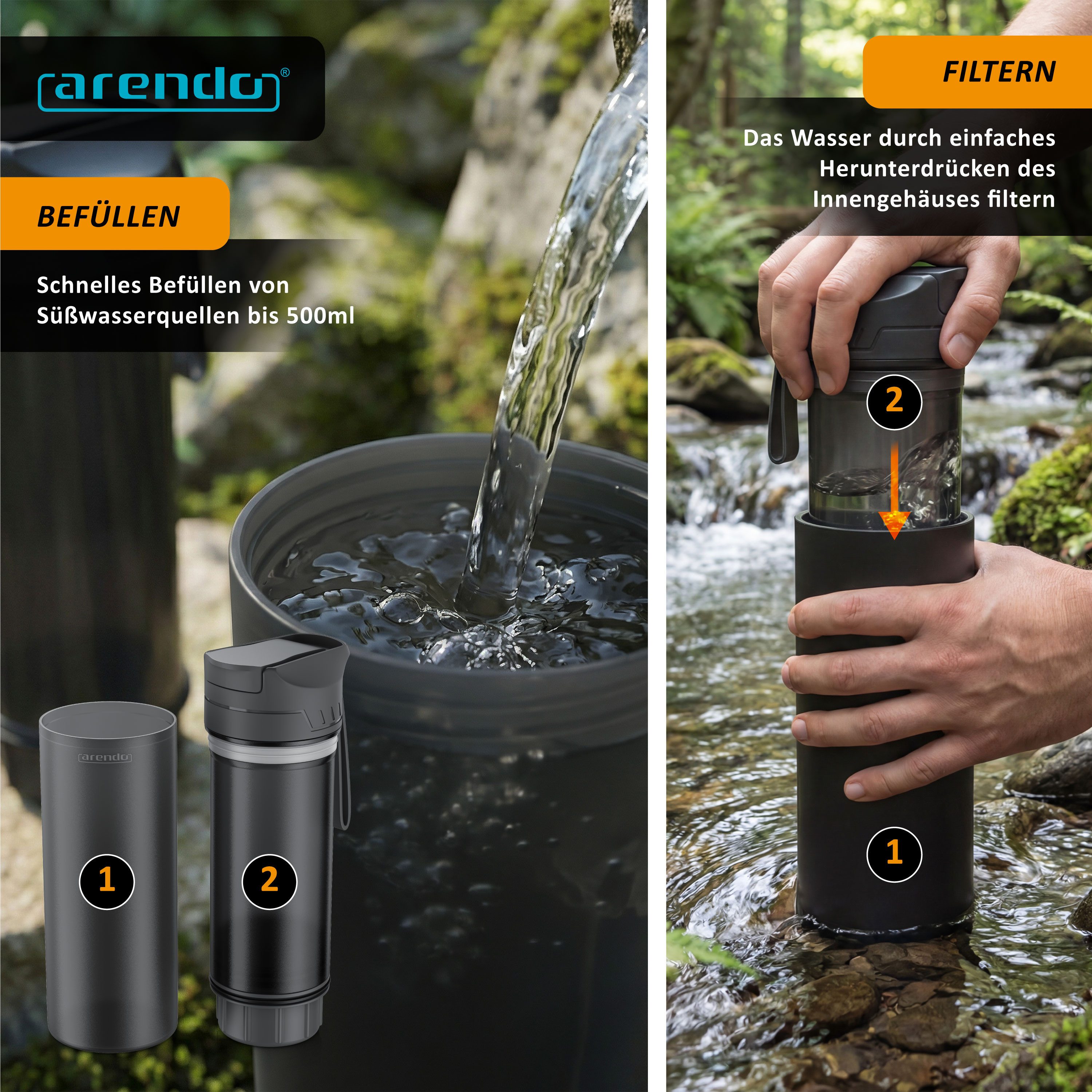 Arendo Trinkflasche Outdoor-Wasserfilterflasche 750 ml, Easy-Press, mit Karabiner, 1500 l, bis 99,99 % Viren/Bakterien, Mikroplastik & viele Chemikalien