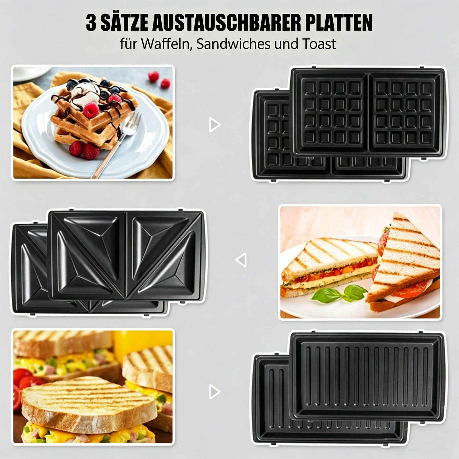OZAVO 3-in-1-Sandwichmaker Sandwichtoaster, Waffeleisen,Kontaktgrill 23*23cm, 750 W, Antihaftbeschichtete abnehmbare Platten
