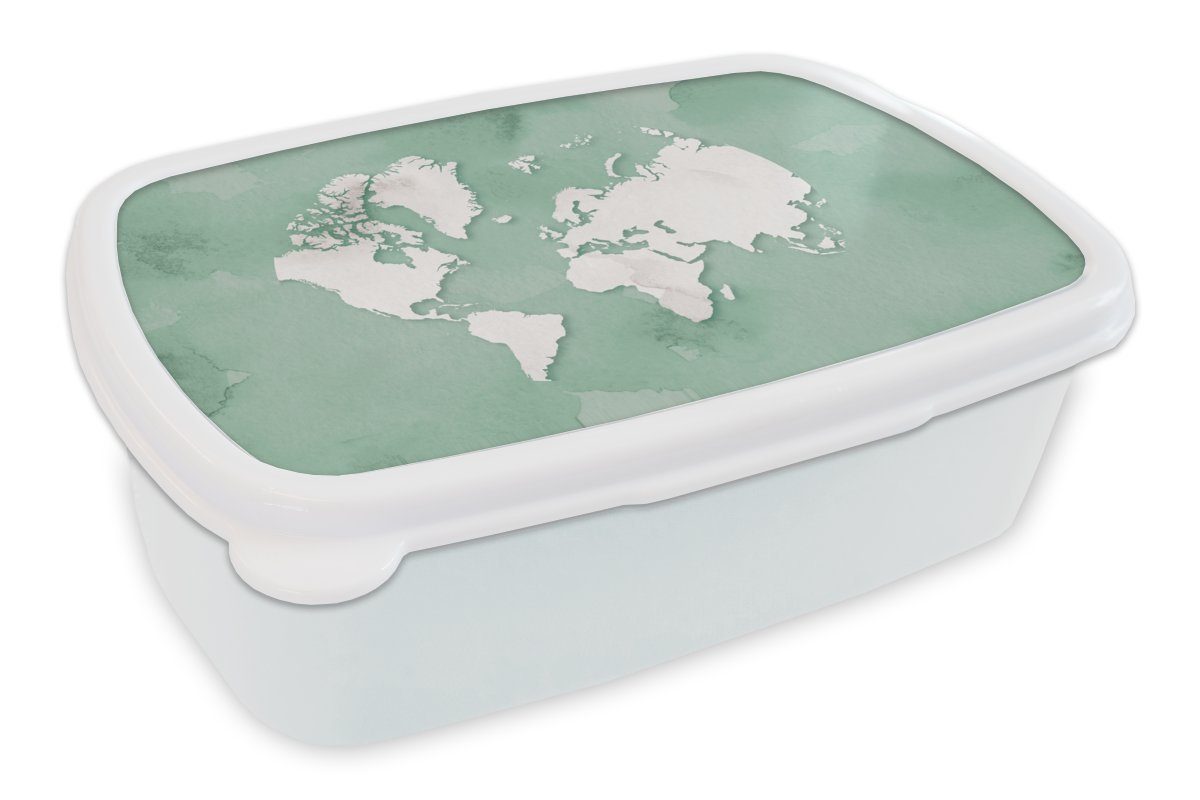 MuchoWow Lunchbox Weltkarte - Grün - Aquarell, Kunststoff, (2-tlg), Brotbox für Kinder und Erwachsene, Brotdose, für Jungs und Mädchen weiß