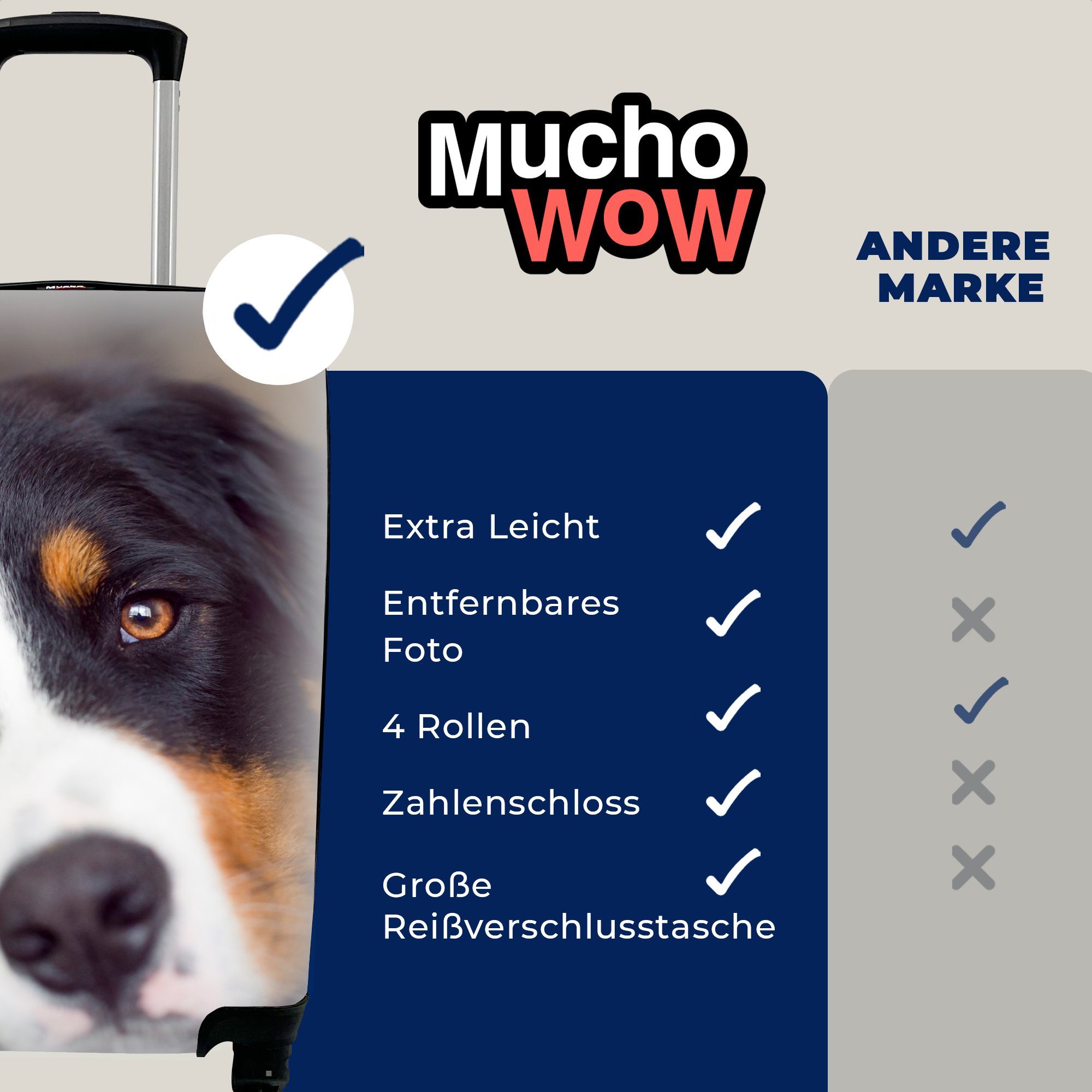Reisekoffer Reisetasche Handgepäckkoffer auf Berner Trolley, MuchoWow Ferien, 4 mit Rollen, Handgepäck dem Ein rollen, für Sennenhund Sofa, liegt