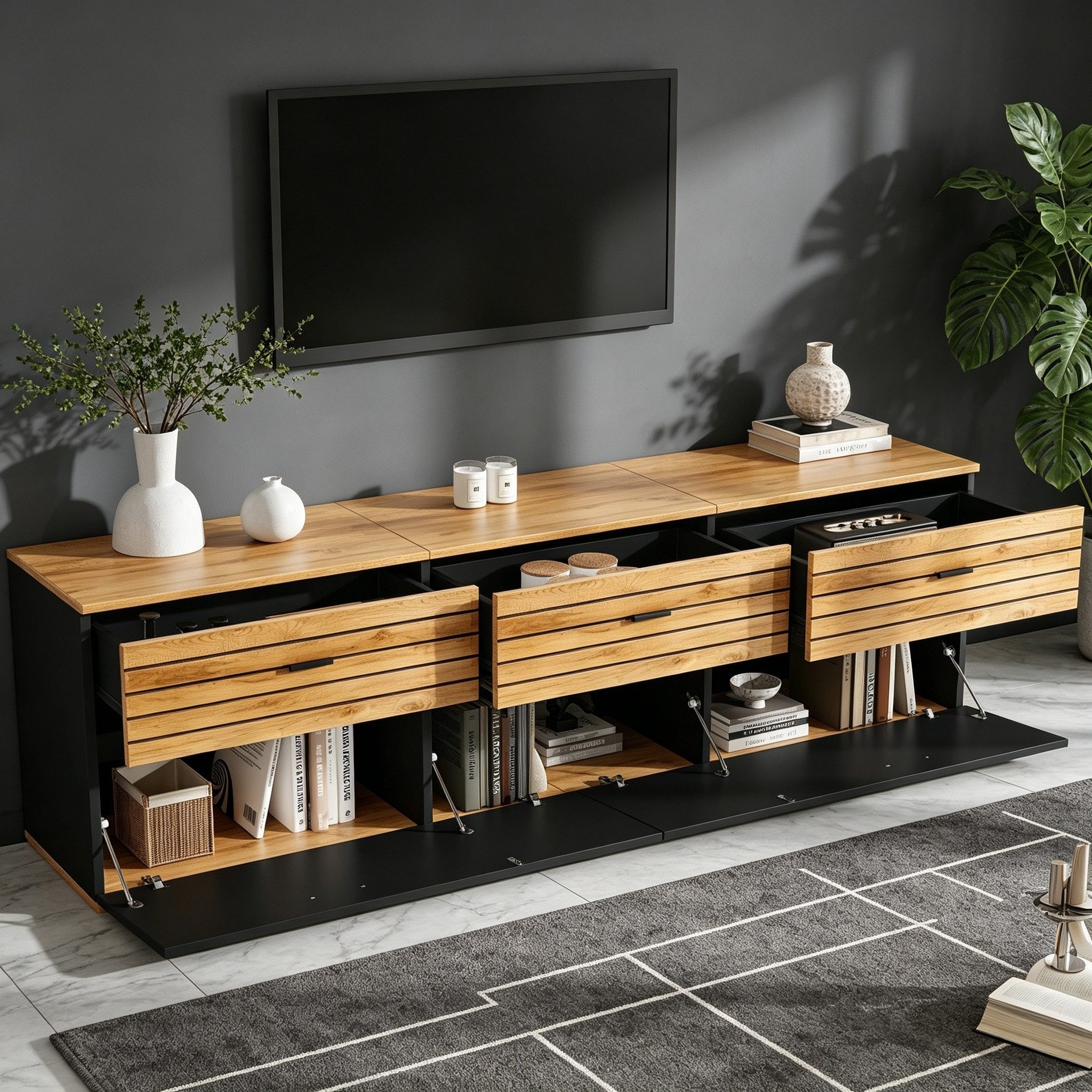 HAUSS SPOLE TV-Schrank mit drei Schubladen,Fernsehtisch TV-Regal für Fernseher bis zu 65 Zoll (Fernsehschrank TV-Ständer mit Wellenmuster für Wohnzimmer oder Schlafzimmer) Medienschrank mit drei Schubladen in Holzoptik und Dämpfungsstruktur