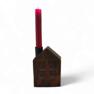 FTWdesign Kerzenhalter Kerzenhalter Stabkerze Haus mit 4 Fenstern Kerzenständer aus Mango in