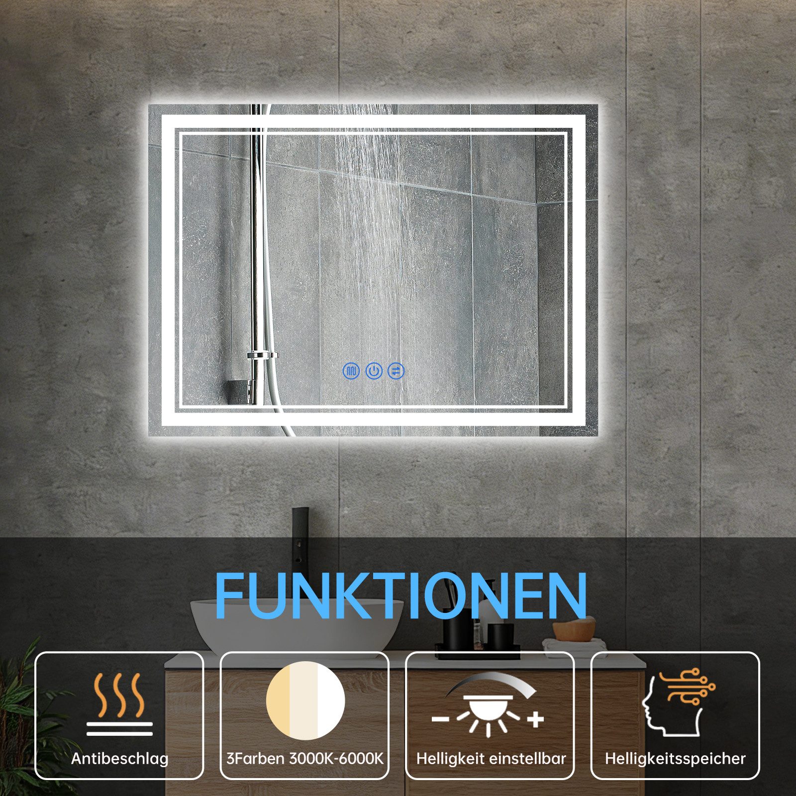 JDONG Badspiegel Mit Beleuchtung Led Wandspiegel (Touch-Schalter,Durchmesser: 80~150cm, 3 Lichtfarben, Vertikal und Horizontal möglich), Antibeschlag, Speicherfunktion, Dimmbar