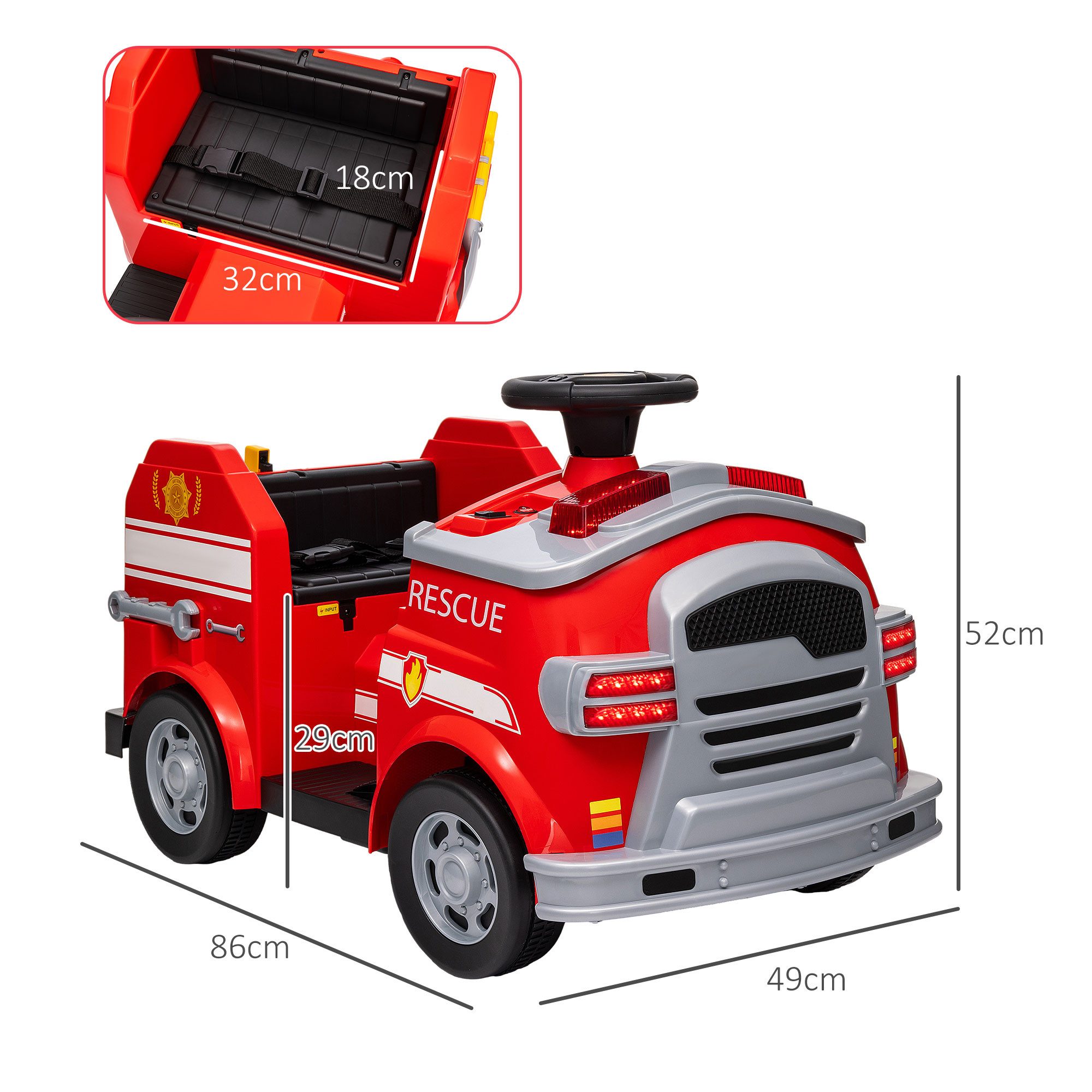 AIYAPLAY Elektro-Kinderauto Fahrt auf Feuerwehrwagen, 12V Kinder Elektroauto, Belastbarkeit 25 kg, (1-tlg), mit Sirene und blinkenden Lichtern, für Jungen und Mädchen, Rot